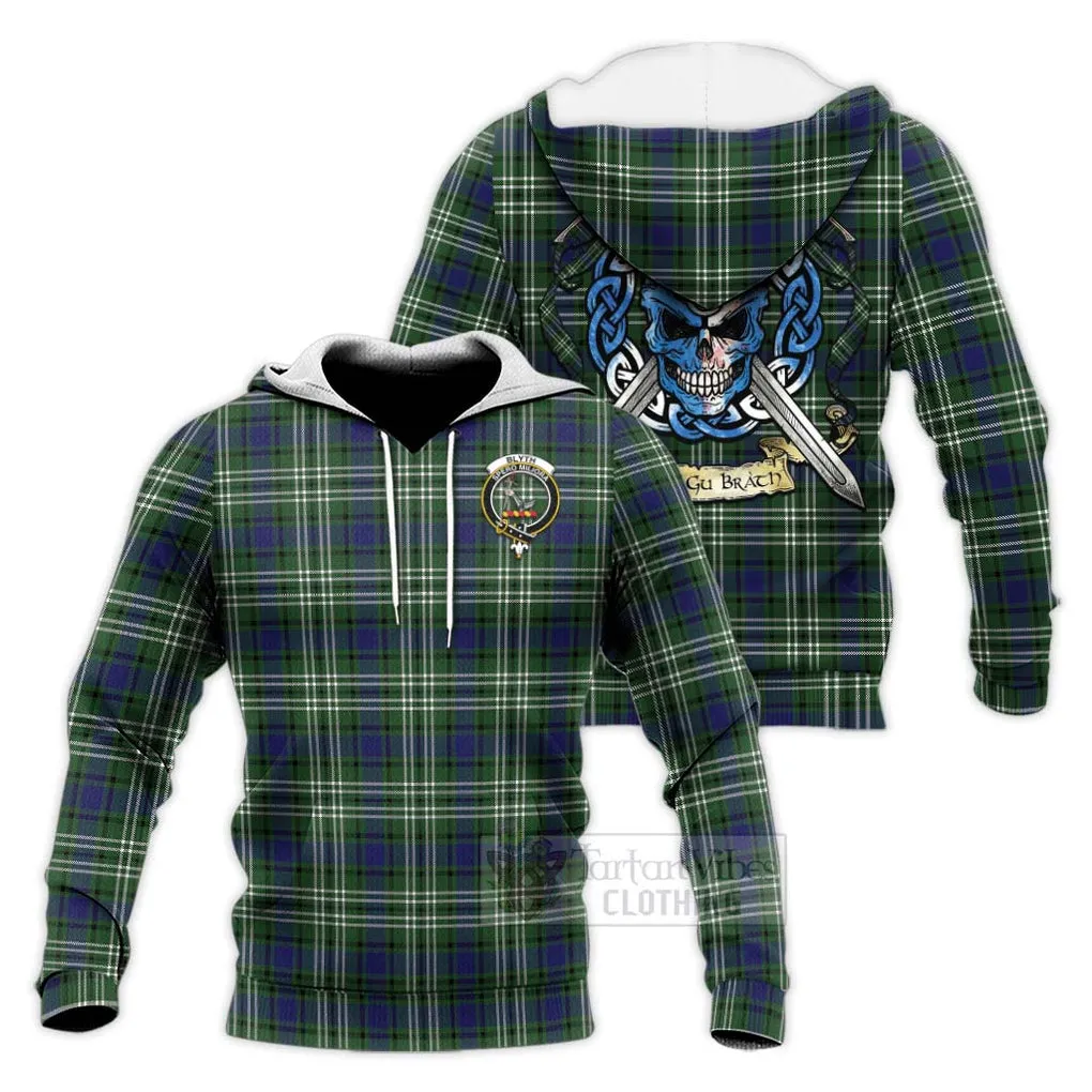 Blyth Tartan Knitted Hoodie with Family Crest Celtic Skull Style