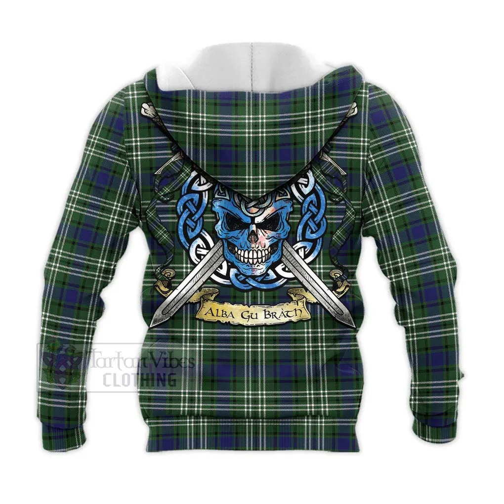 Blyth Tartan Knitted Hoodie with Family Crest Celtic Skull Style