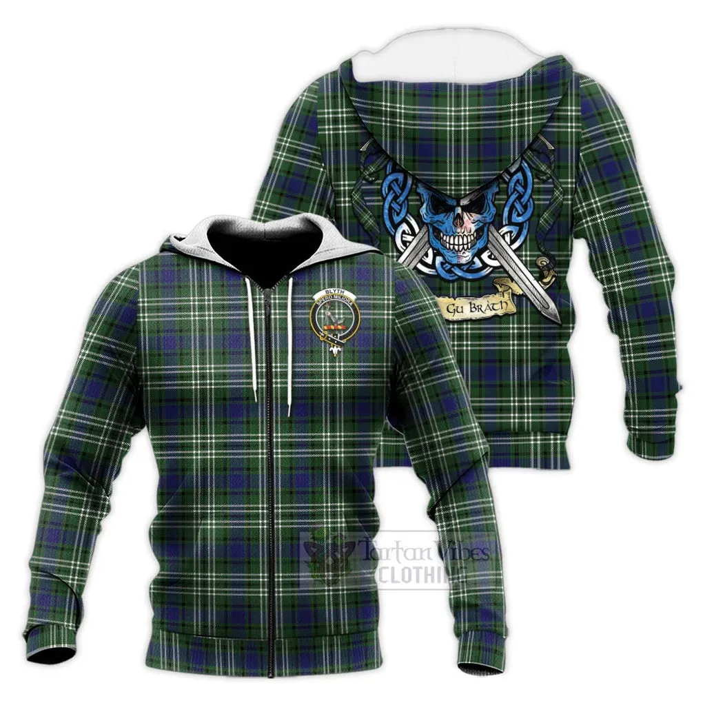 Blyth Tartan Knitted Hoodie with Family Crest Celtic Skull Style