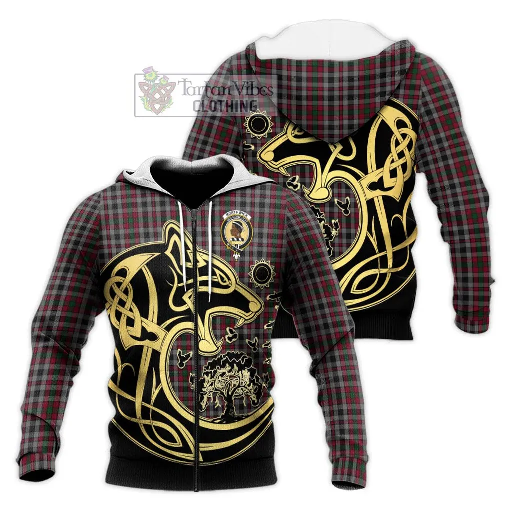 Borthwick Tartan Knitted Hoodie with Family Crest Celtic Wolf Style