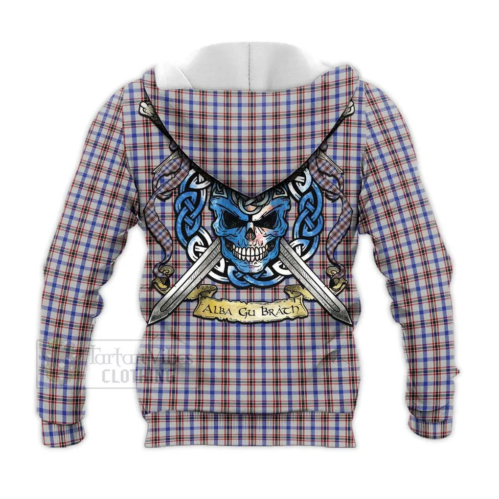 Boswell Tartan Knitted Hoodie with Family Crest Celtic Skull Style