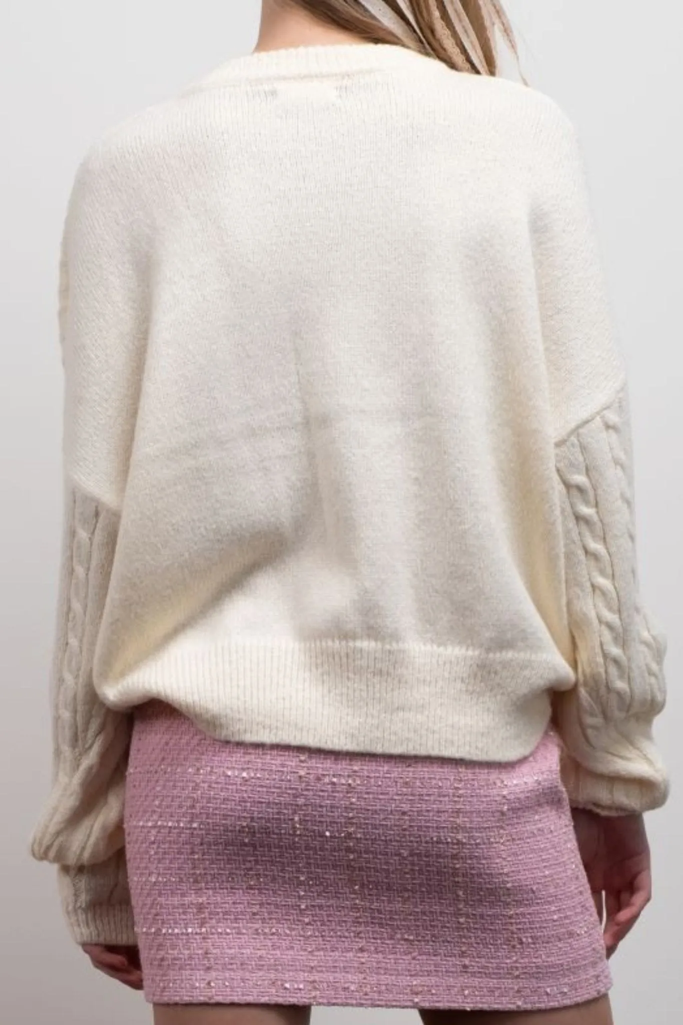 BOW DETAIL CABLE KNIT PULLOVER SWEATER