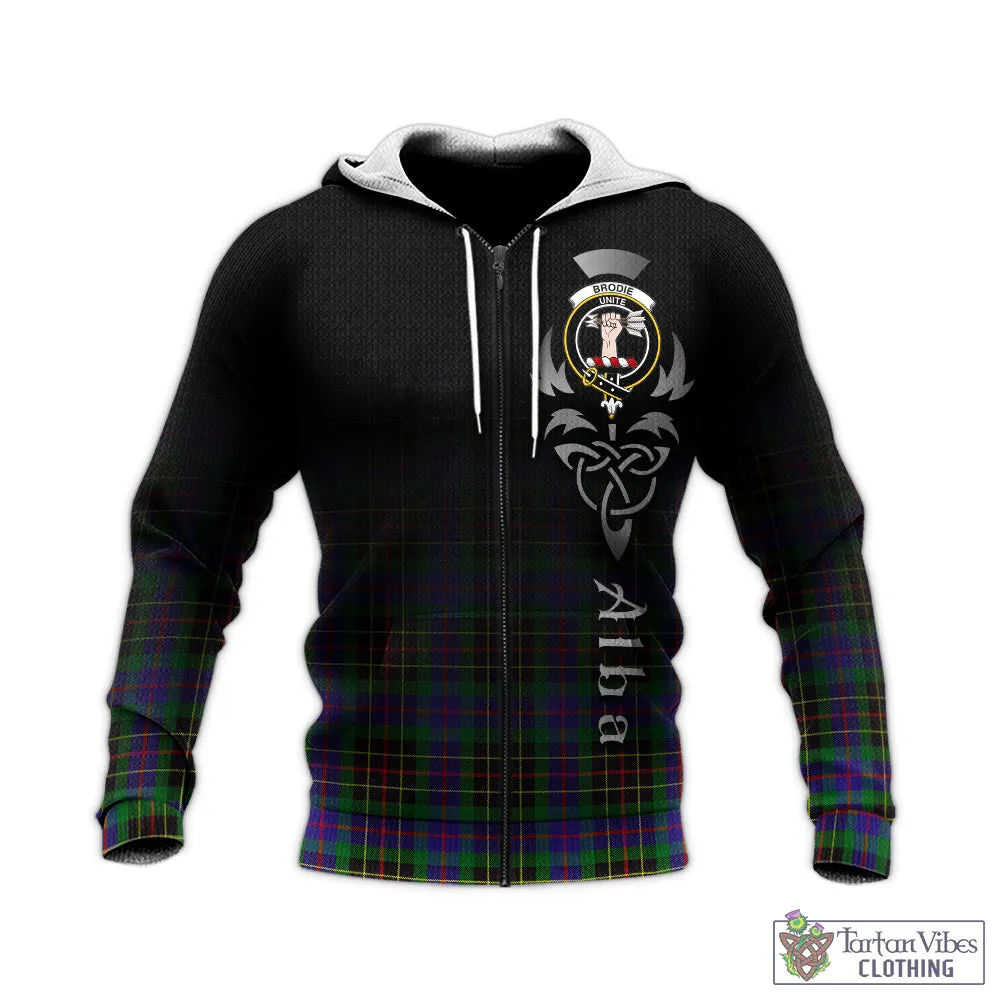 Brodie Hunting Modern Tartan Knitted Hoodie Featuring Alba Gu Brath Family Crest Celtic Inspired