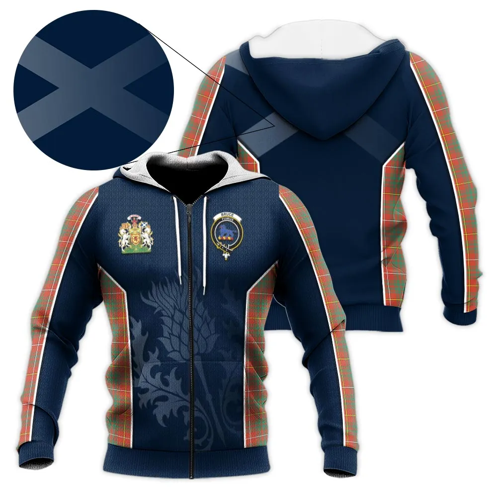 Bruce Ancient Tartan Knitted Hoodie with Family Crest and Scottish Thistle Vibes Sport Style