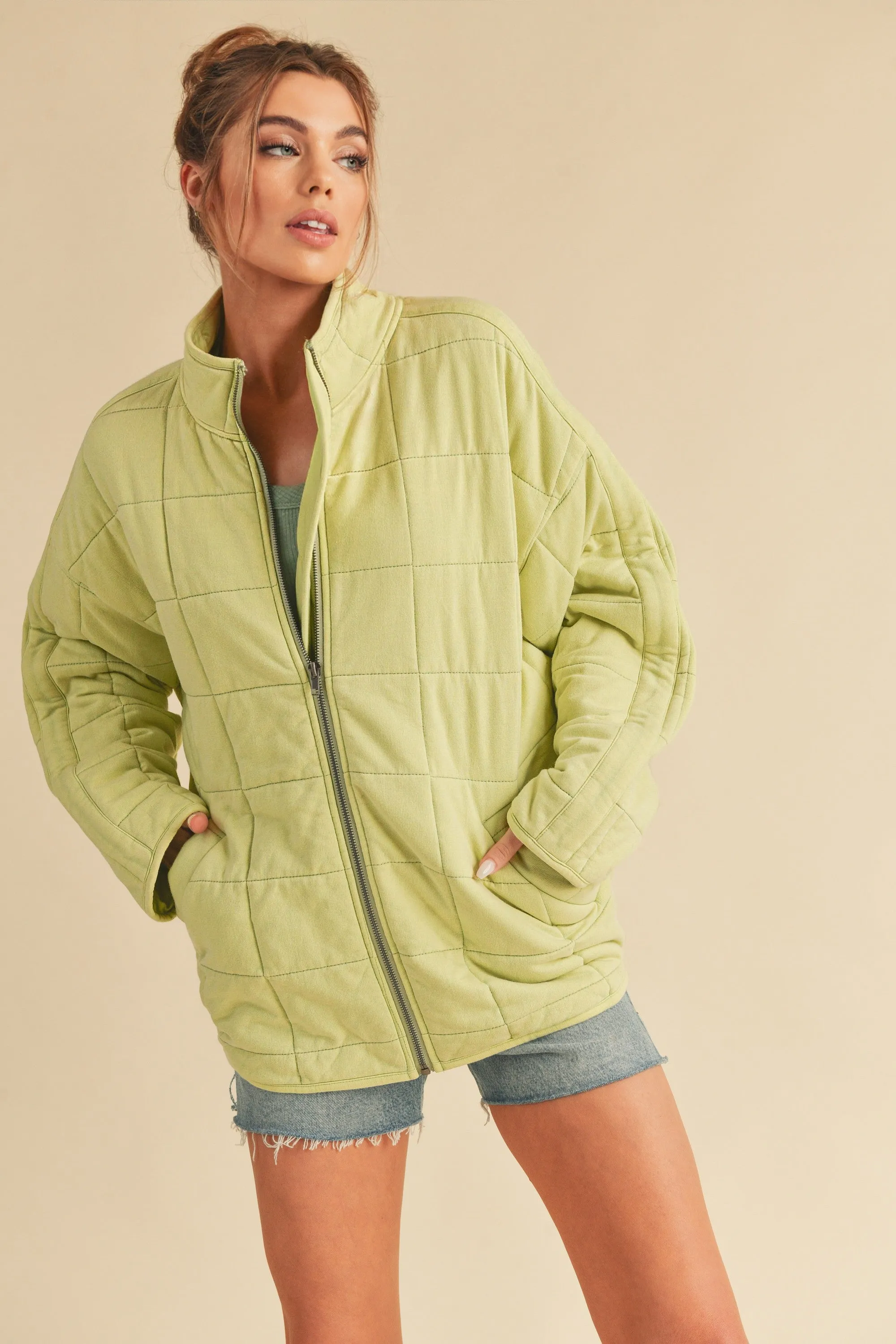 Brynne Quilted Dolman Jacket: Lime Green