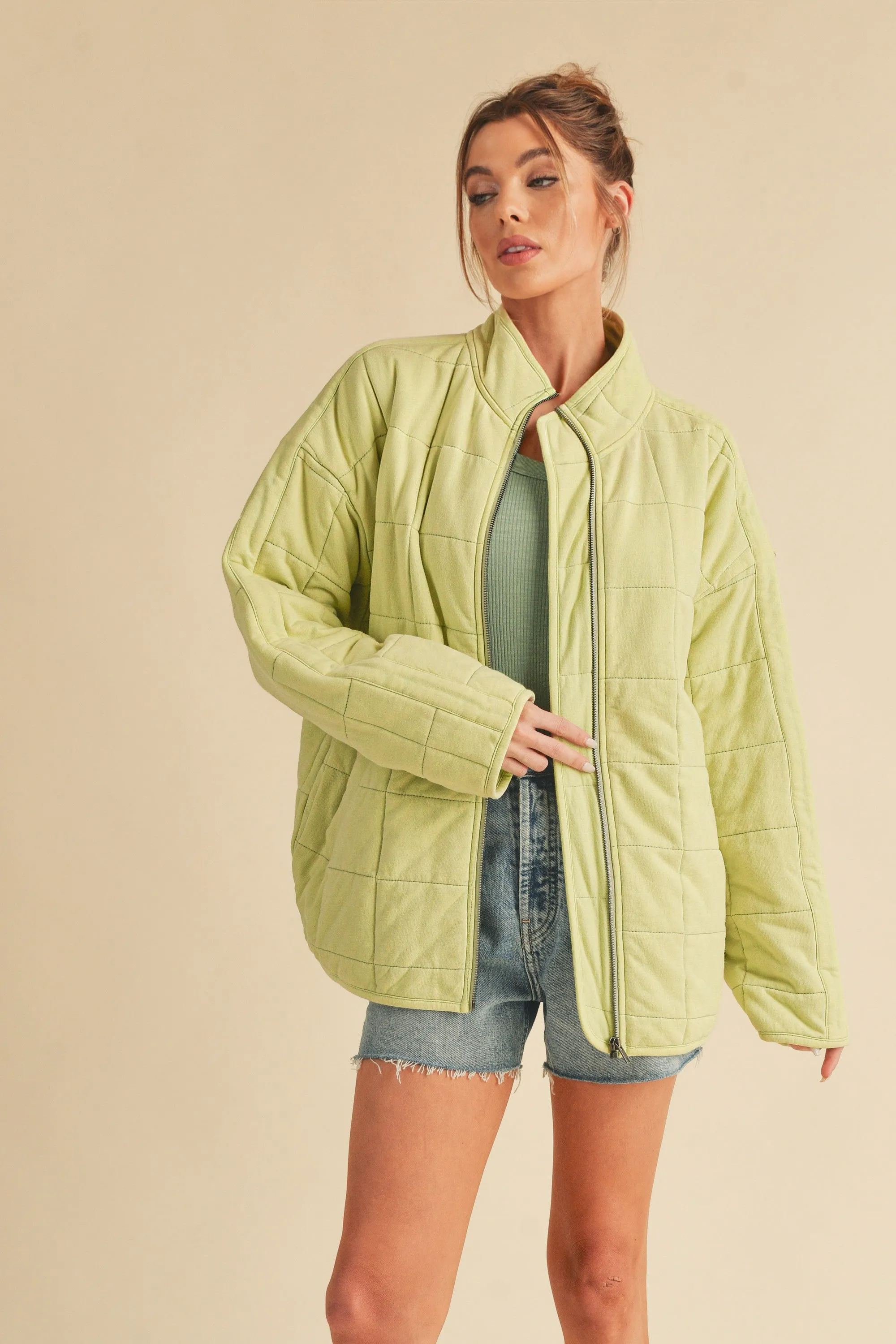 Brynne Quilted Dolman Jacket: Lime Green