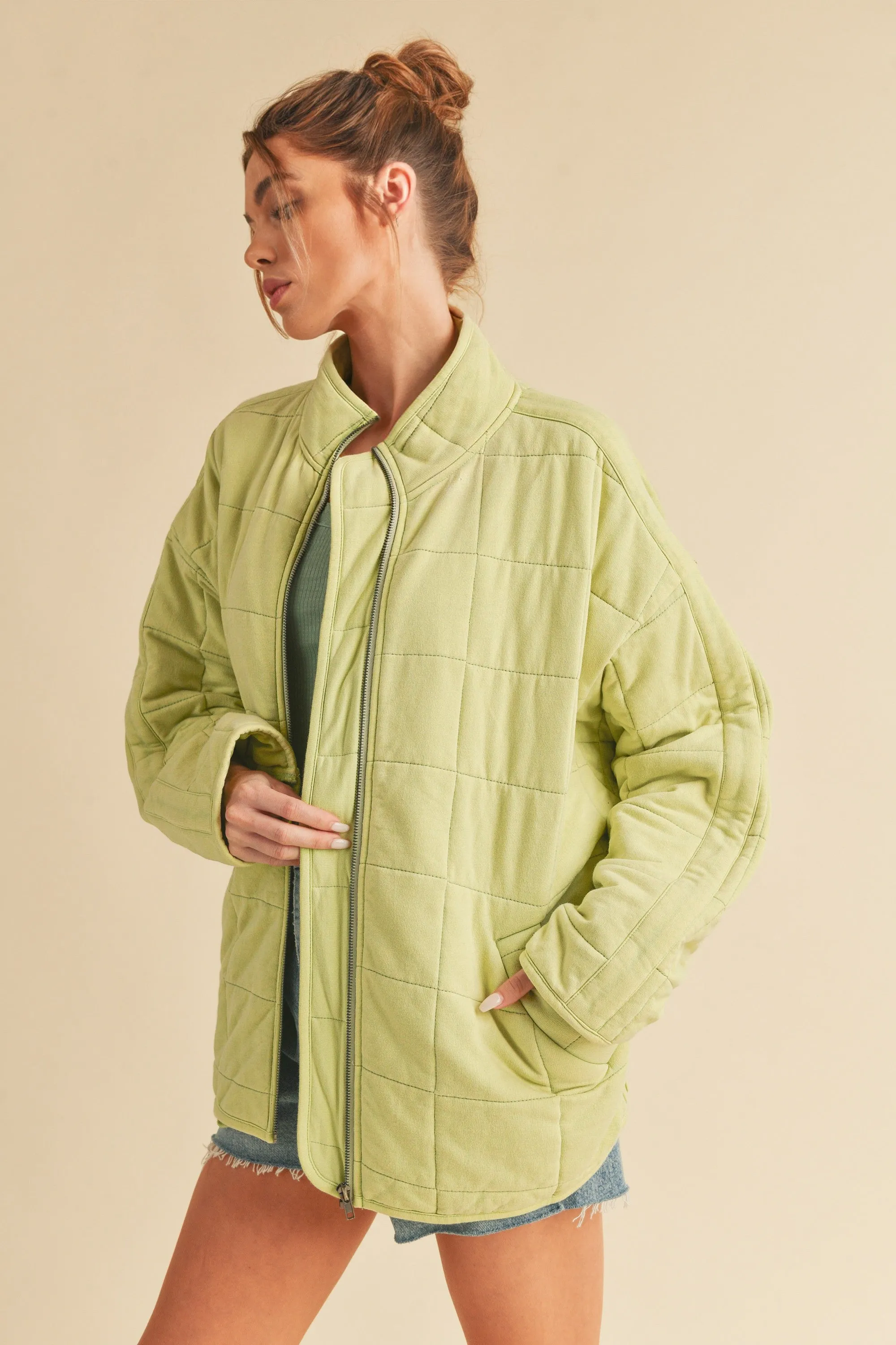 Brynne Quilted Dolman Jacket: Lime Green