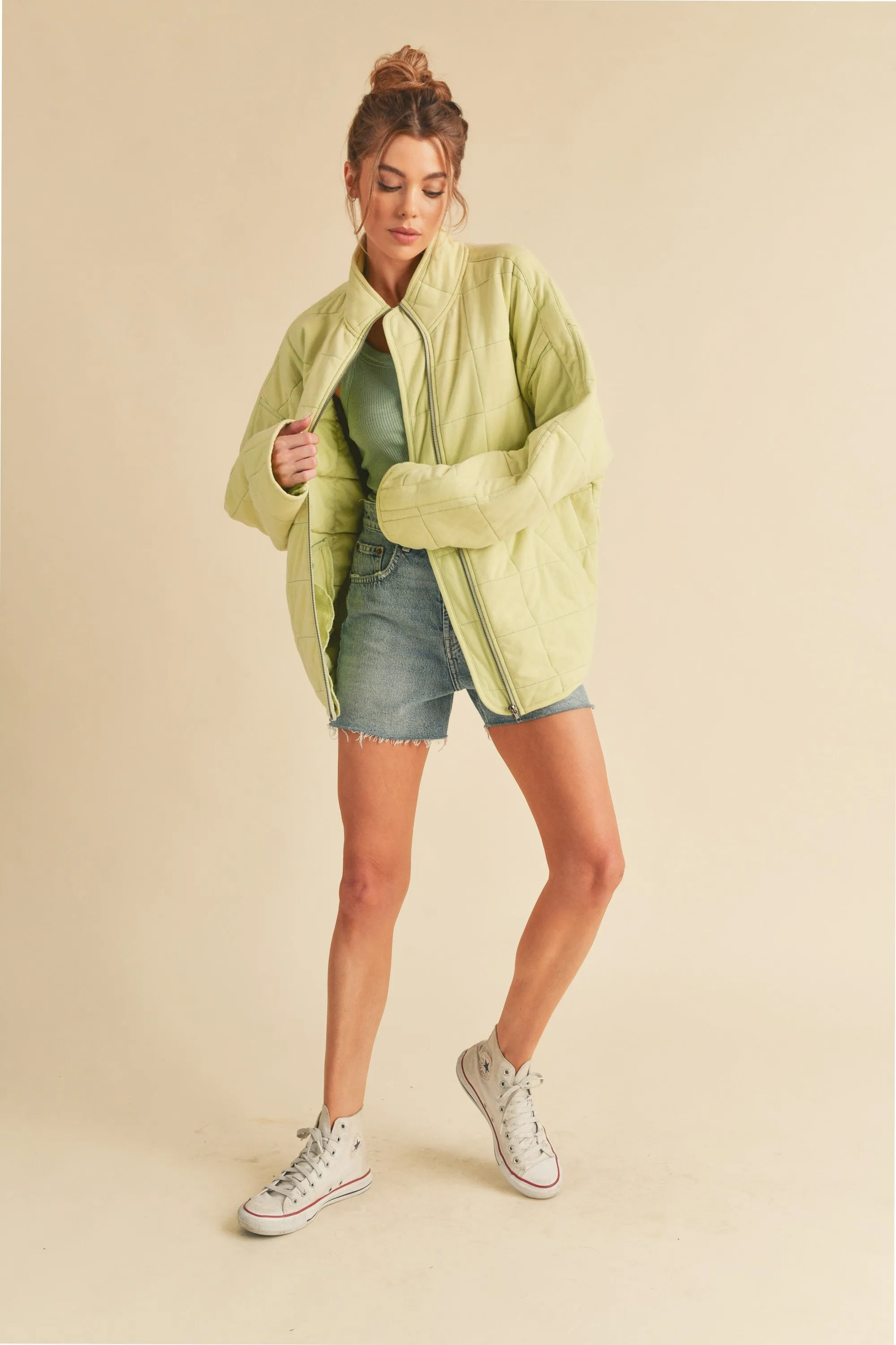 Brynne Quilted Dolman Jacket: Lime Green