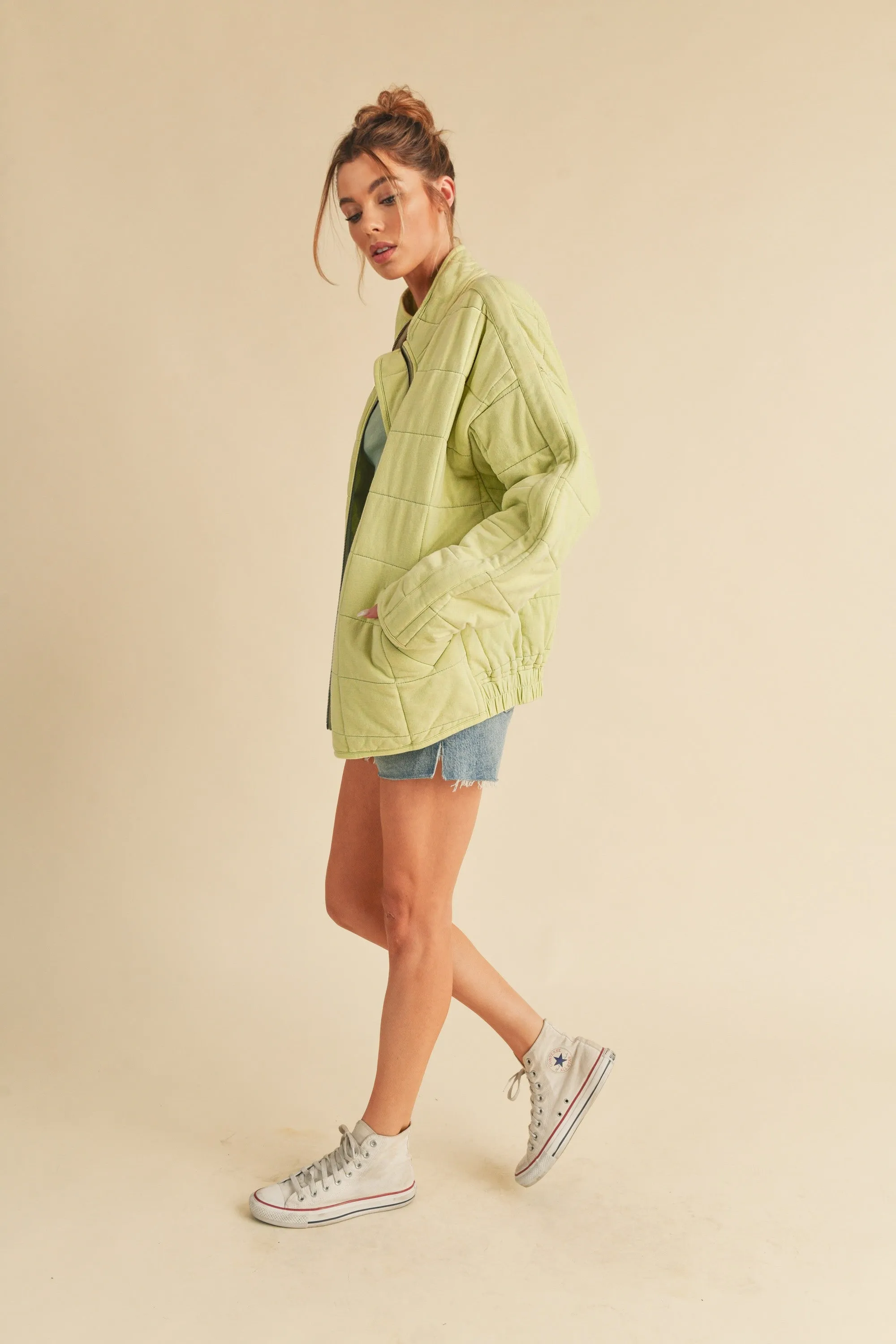 Brynne Quilted Dolman Jacket: Lime Green