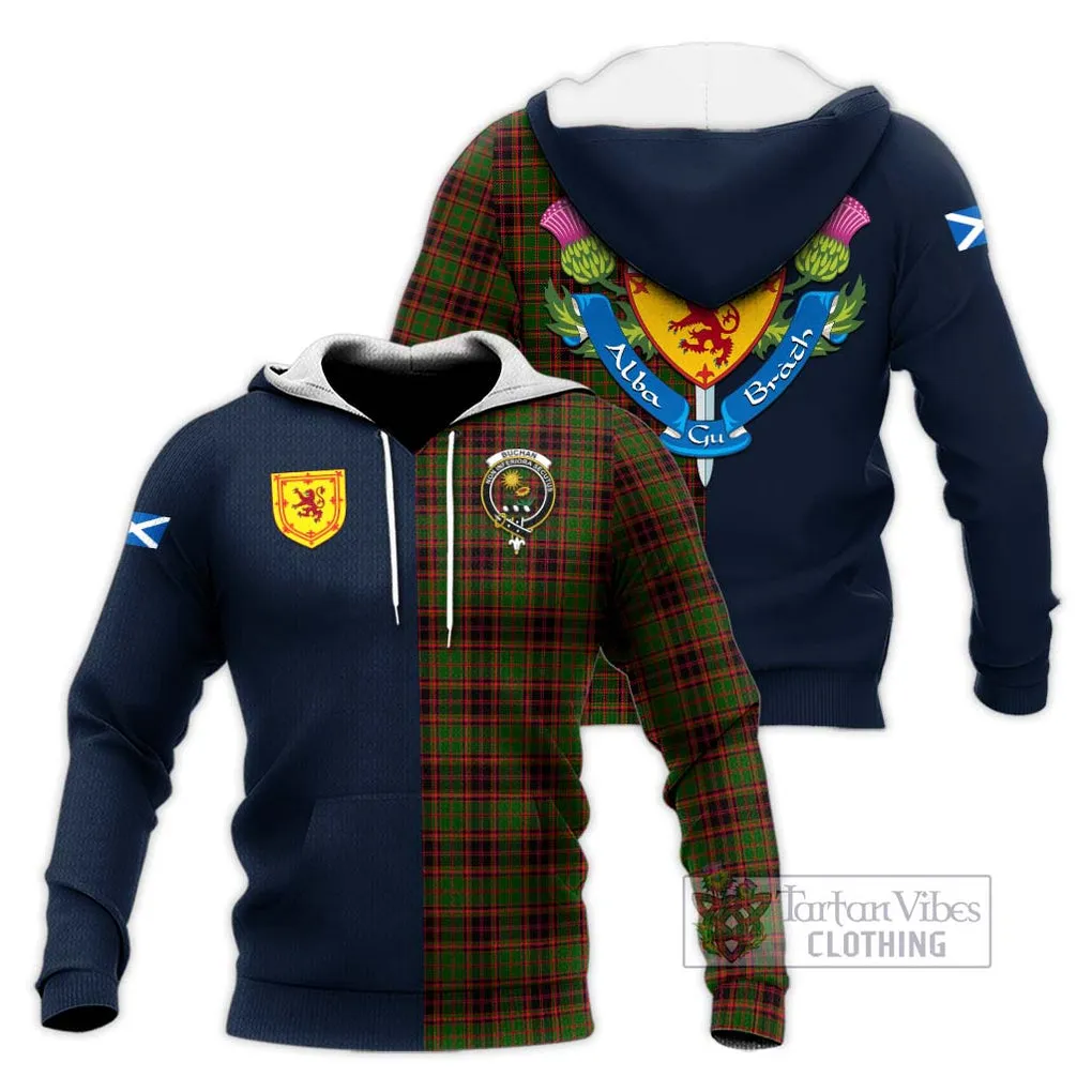 Buchan Tartan Knitted Hoodie Alba with Scottish Lion Royal Arm Half Style