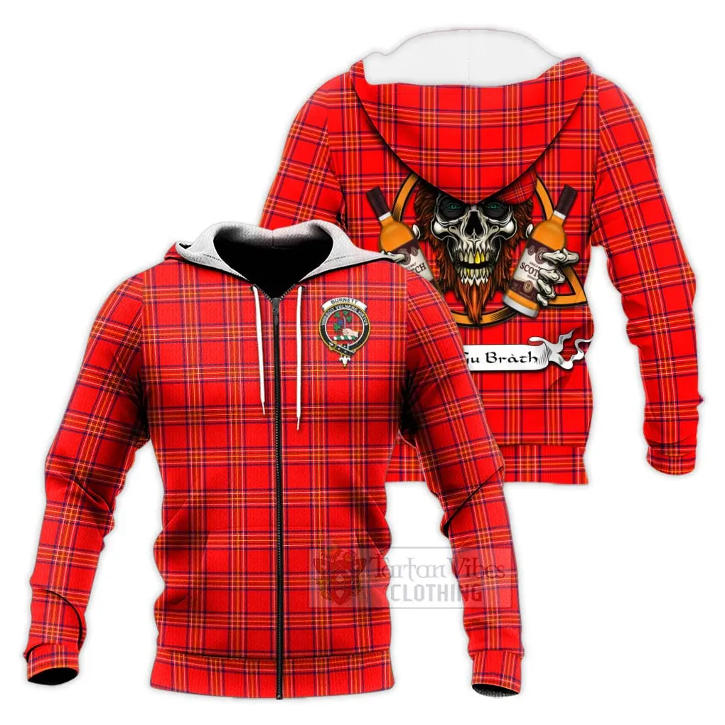 Burnett Tartan Knitted Hoodie with Family Crest and Bearded Skull Holding Bottles of Whiskey