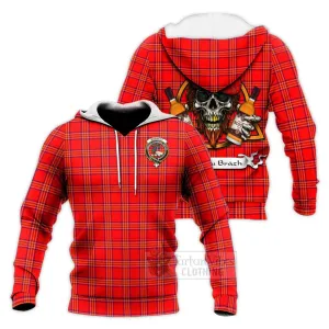 Burnett Tartan Knitted Hoodie with Family Crest and Bearded Skull Holding Bottles of Whiskey