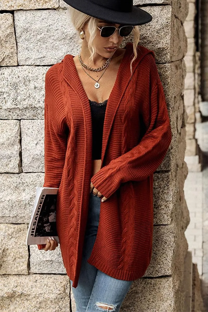 CABLE KNIT CASUAL HOODIE CARDIGAN