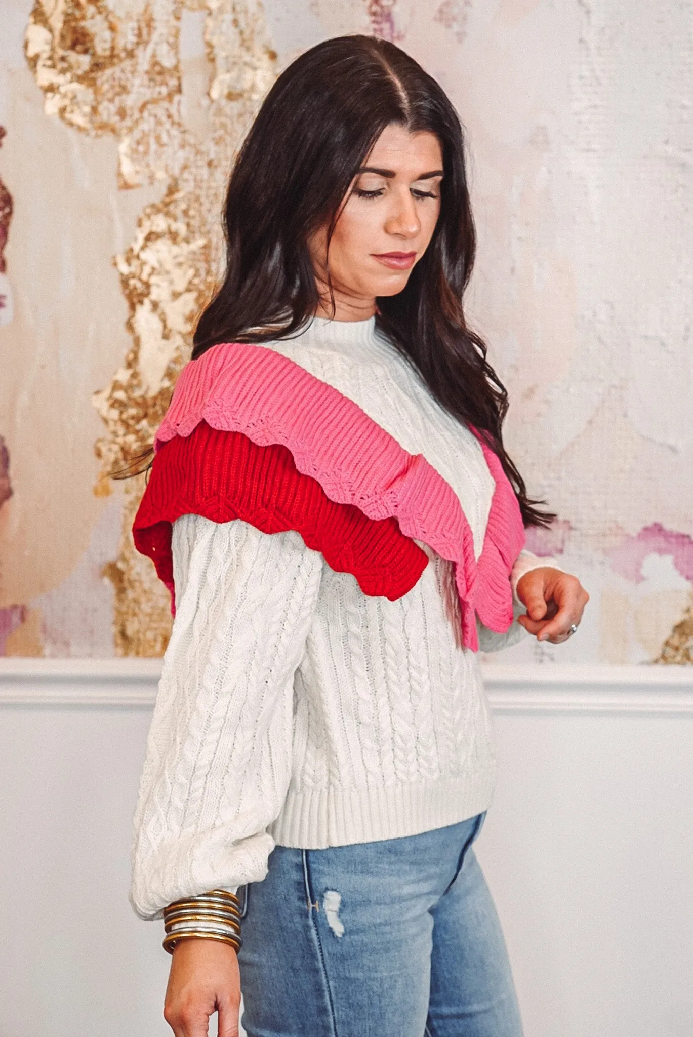 Cable Knit Frills Cream Sweater