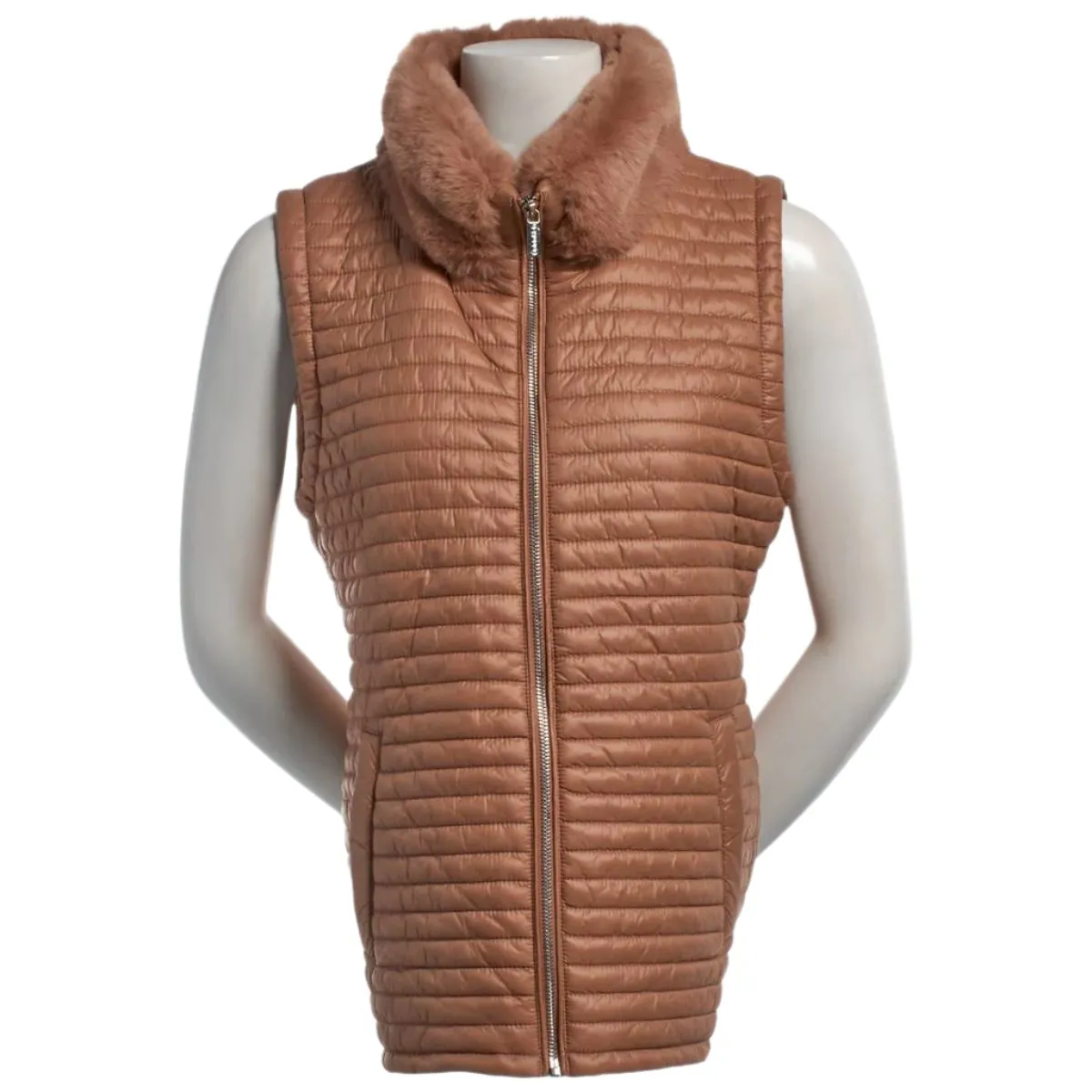 Calvin Klein Womens Light Weight Nylon Faux Fur Combo Vest