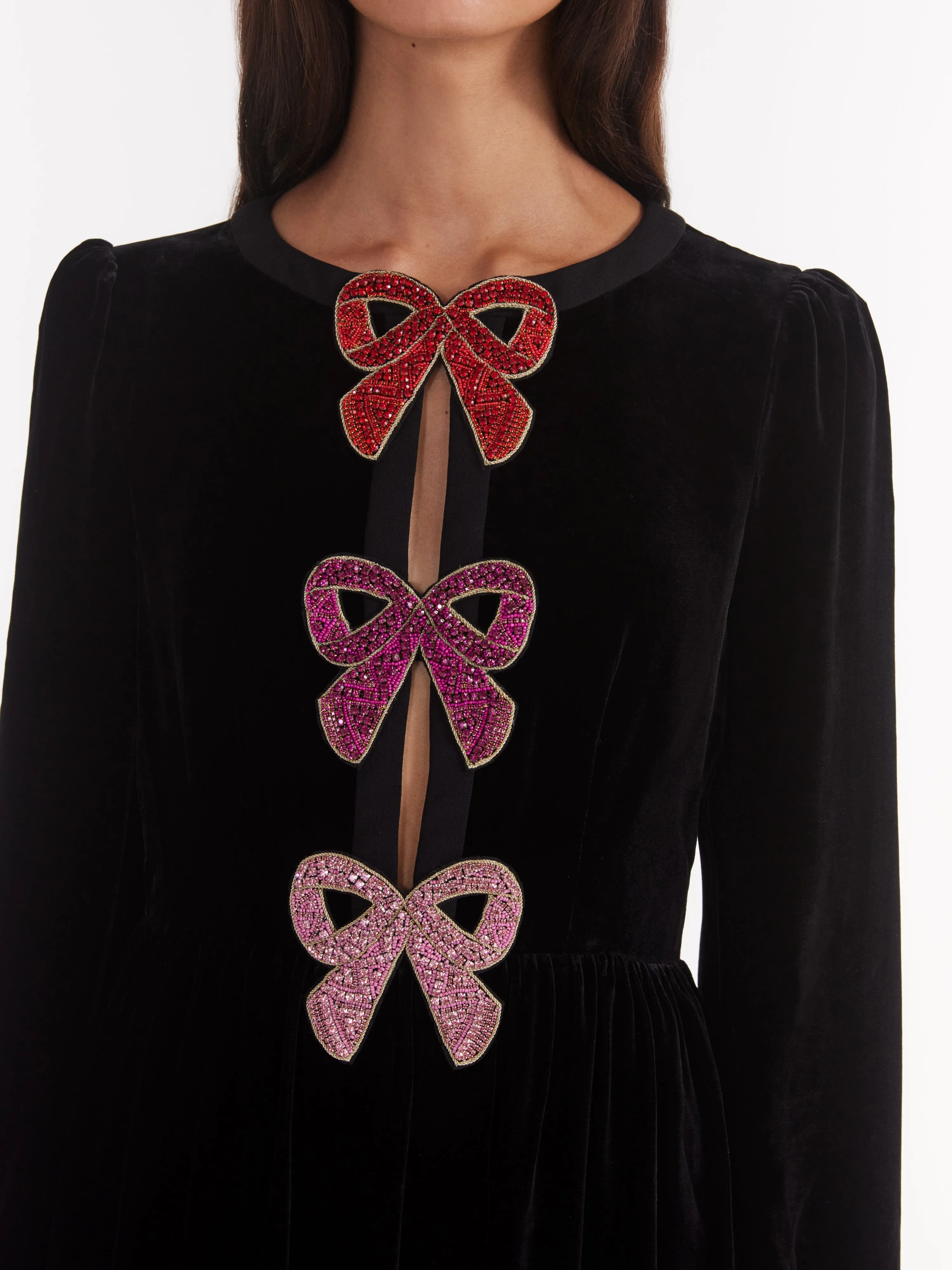 Camille Velvet Pink Bows Dress in Black