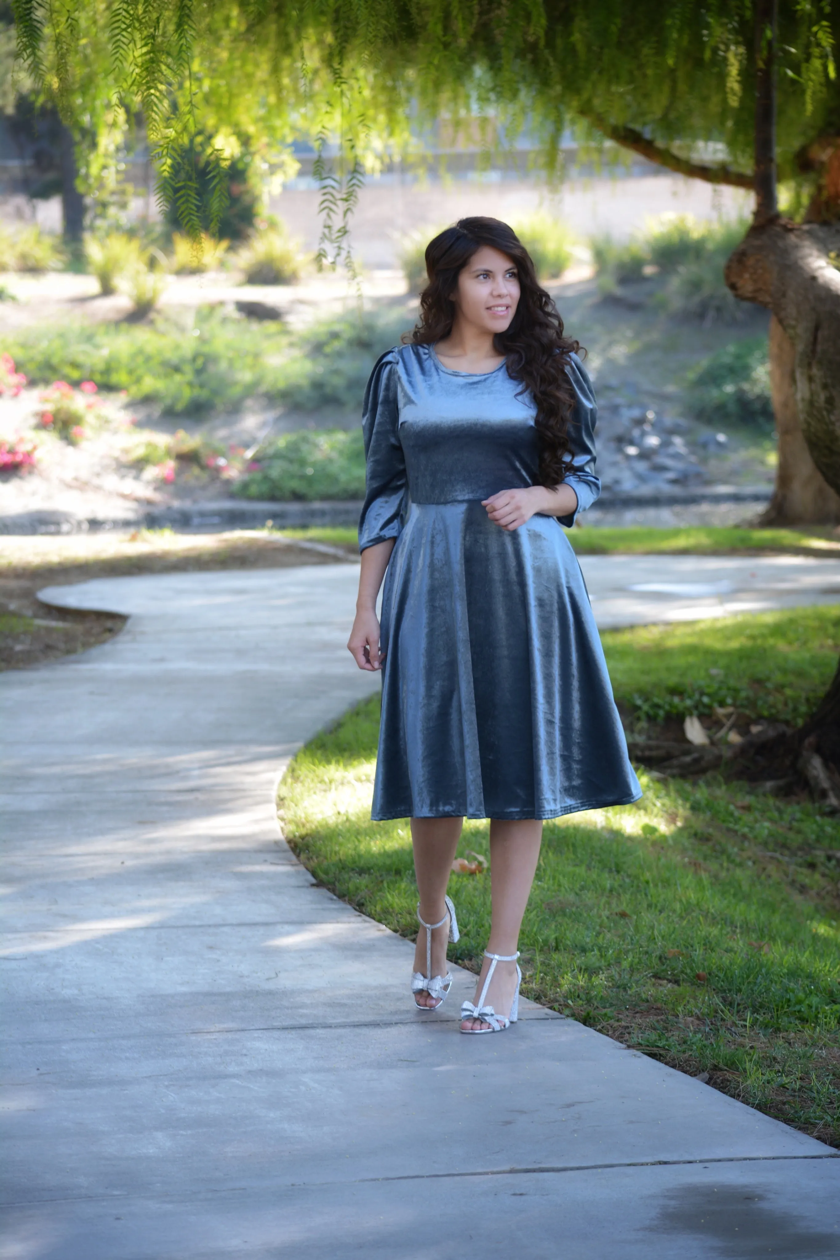 Capri  Slate Blue Gray Velvet Puff Sleeve Dress