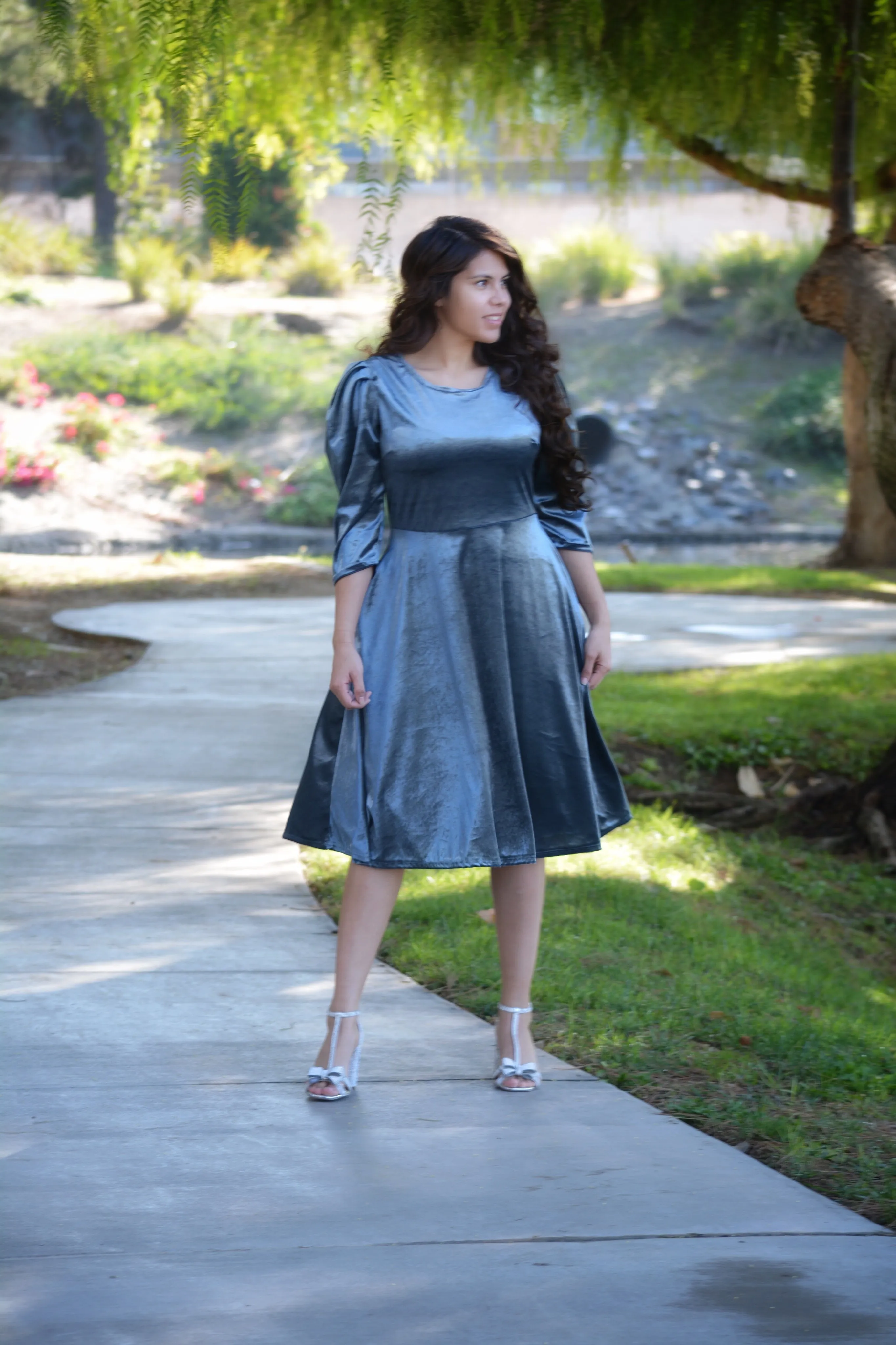 Capri  Slate Blue Gray Velvet Puff Sleeve Dress