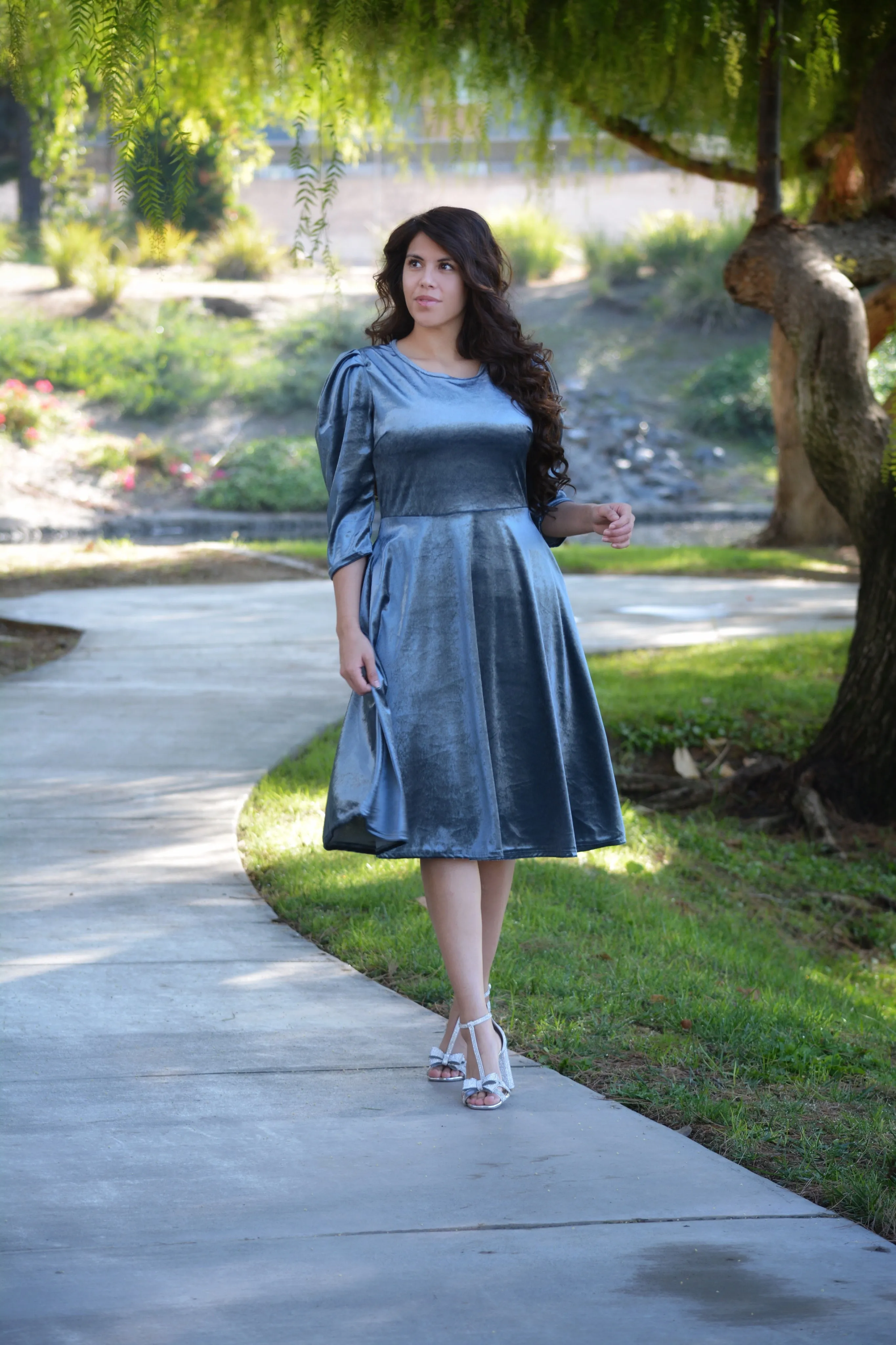 Capri  Slate Blue Gray Velvet Puff Sleeve Dress