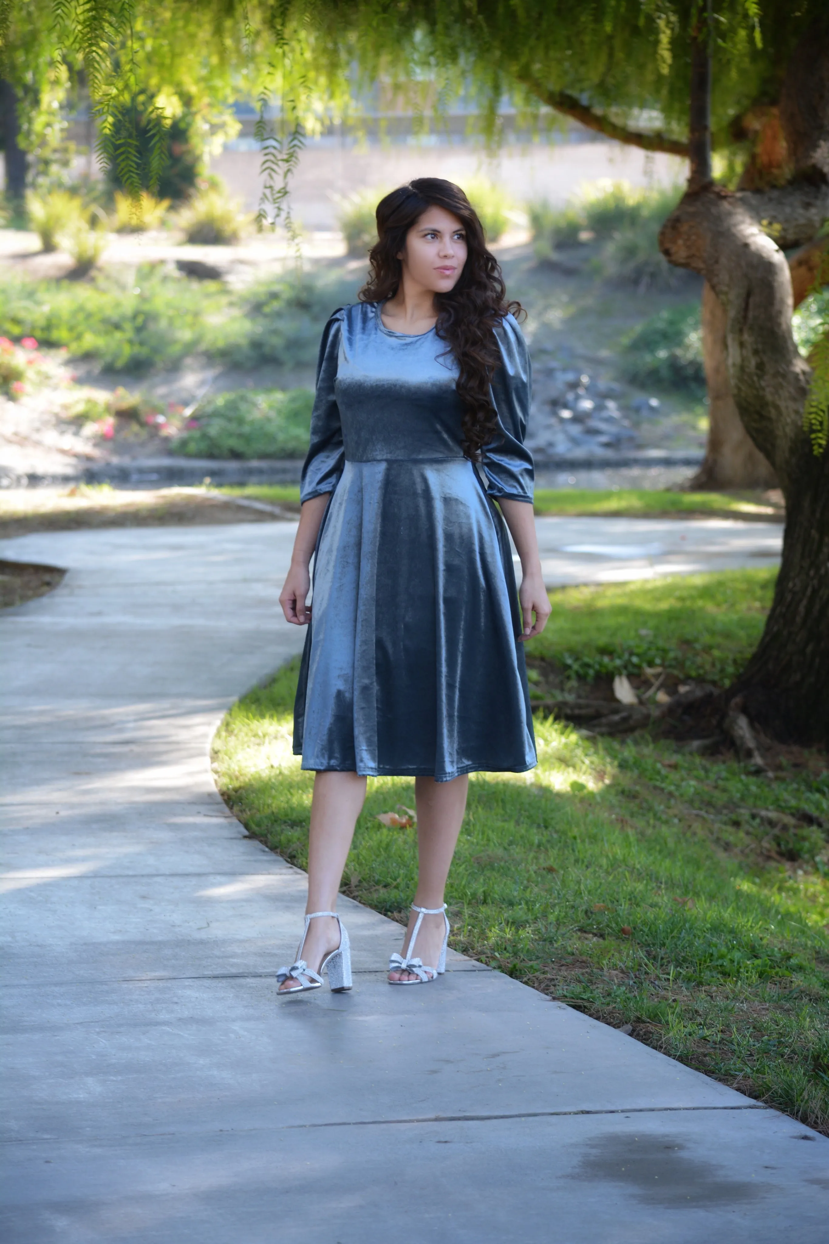 Capri  Slate Blue Gray Velvet Puff Sleeve Dress