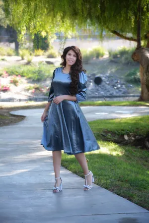 Capri  Slate Blue Gray Velvet Puff Sleeve Dress