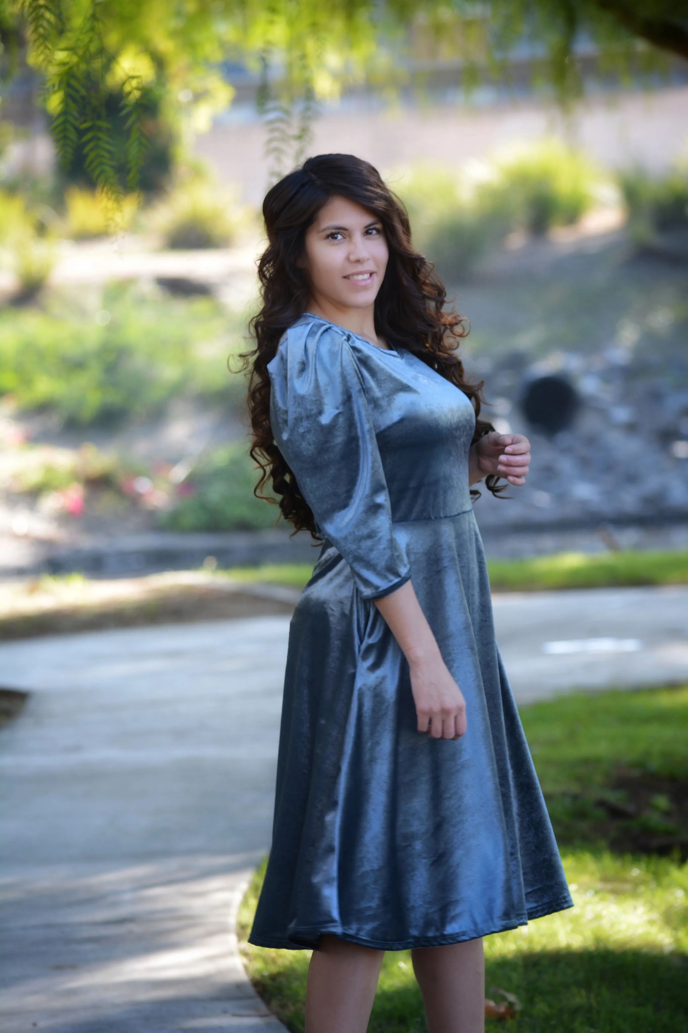 Capri  Slate Blue Gray Velvet Puff Sleeve Dress