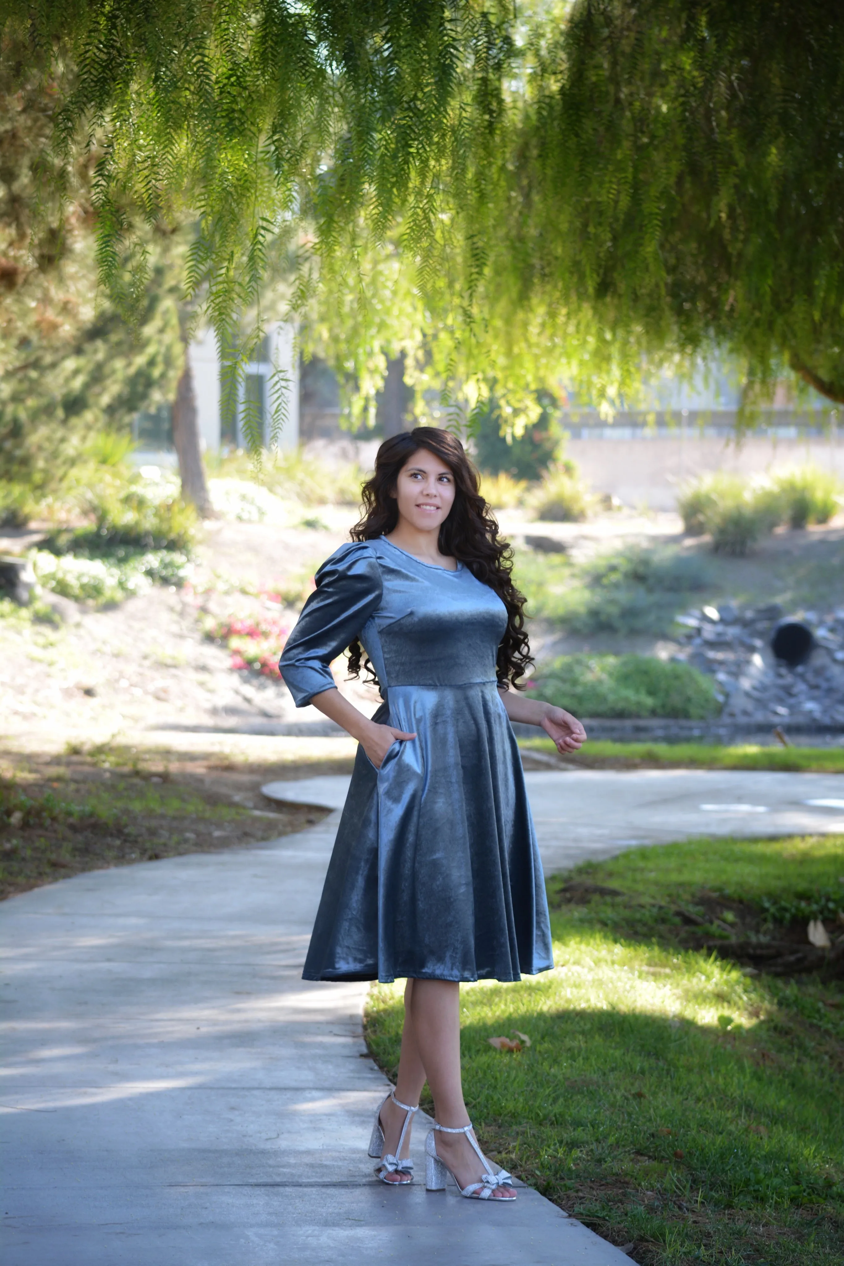 Capri  Slate Blue Gray Velvet Puff Sleeve Dress