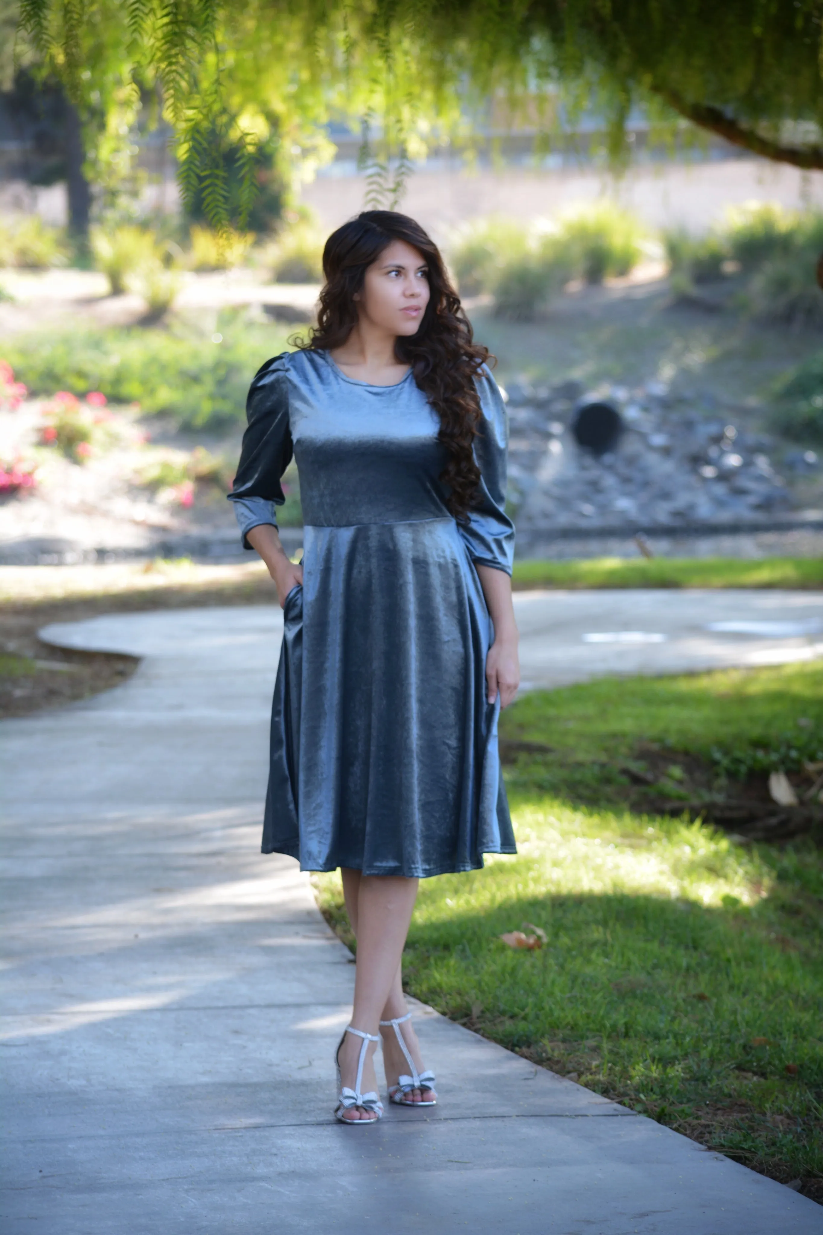 Capri  Slate Blue Gray Velvet Puff Sleeve Dress