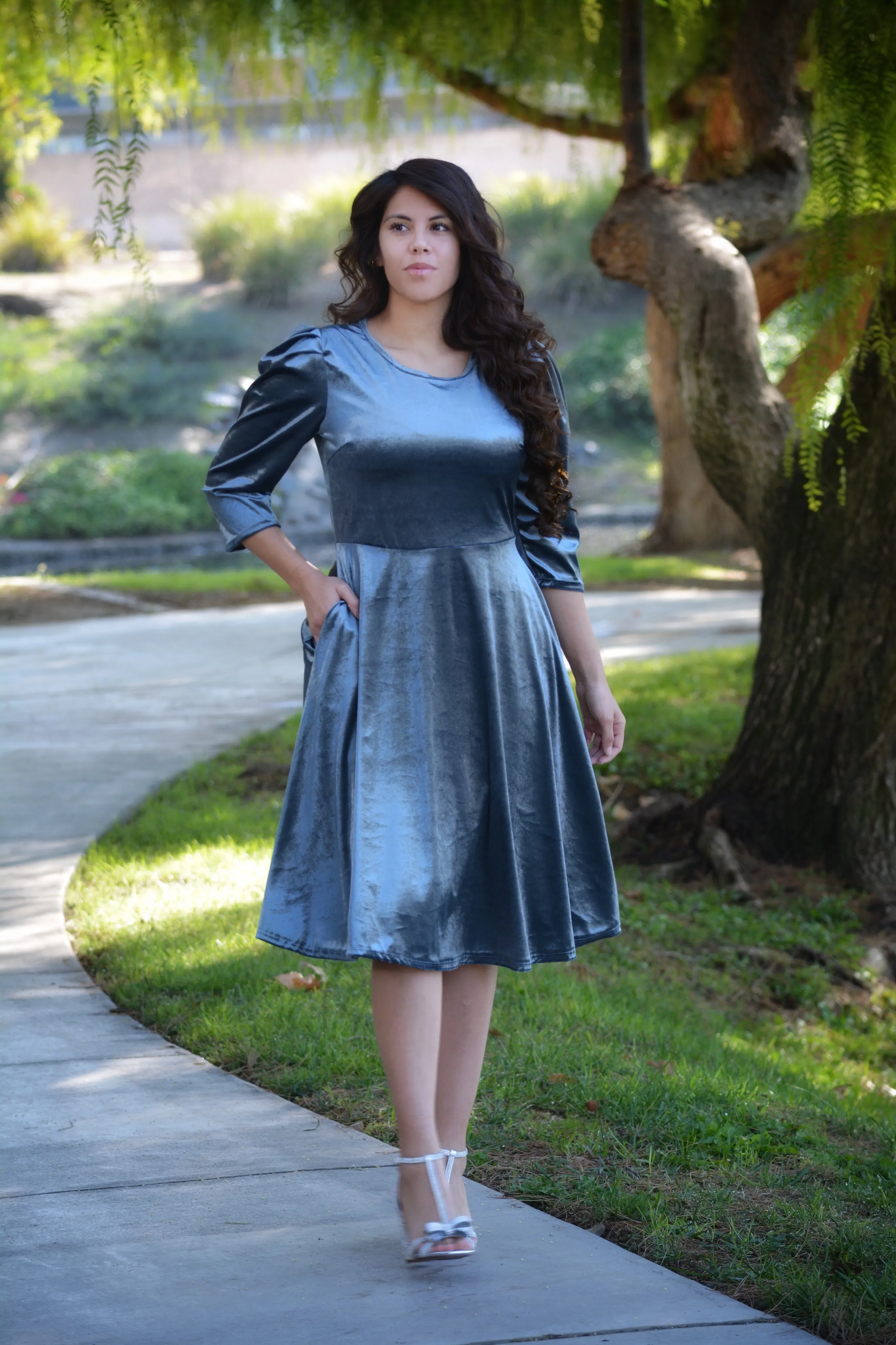 Capri  Slate Blue Gray Velvet Puff Sleeve Dress