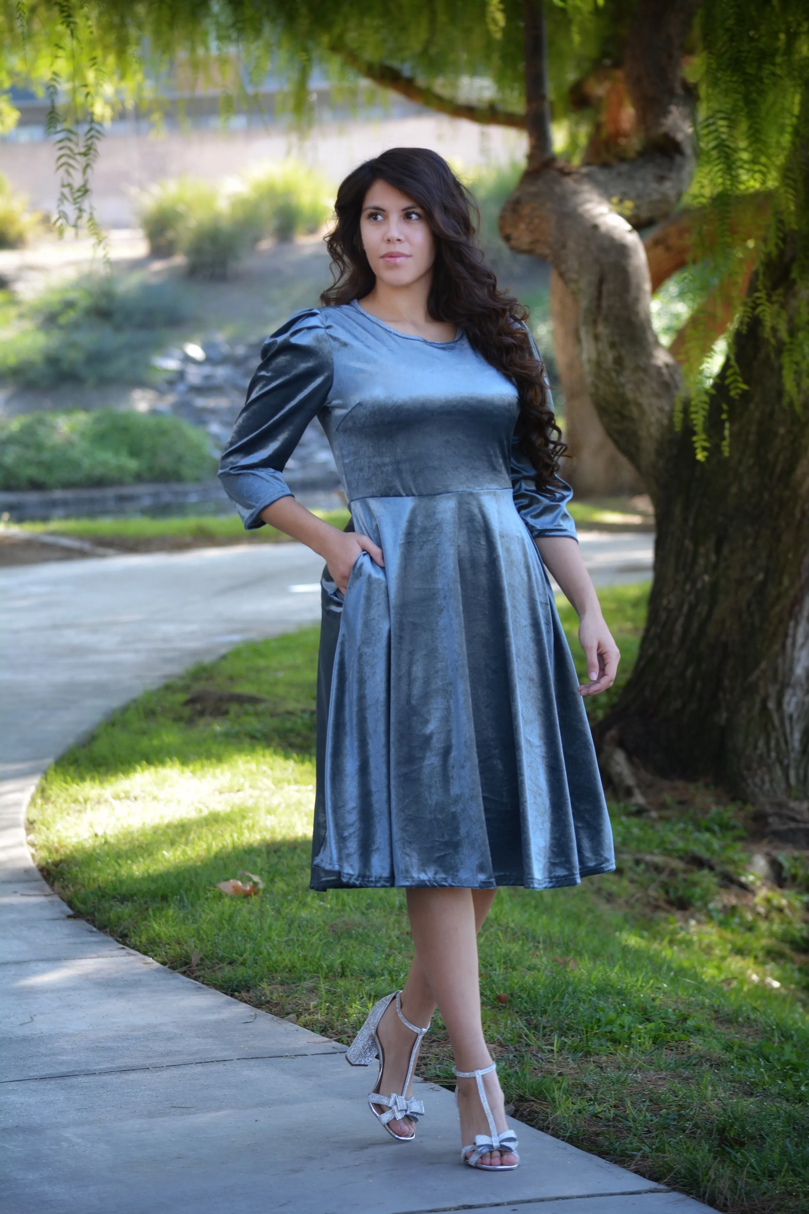 Capri  Slate Blue Gray Velvet Puff Sleeve Dress