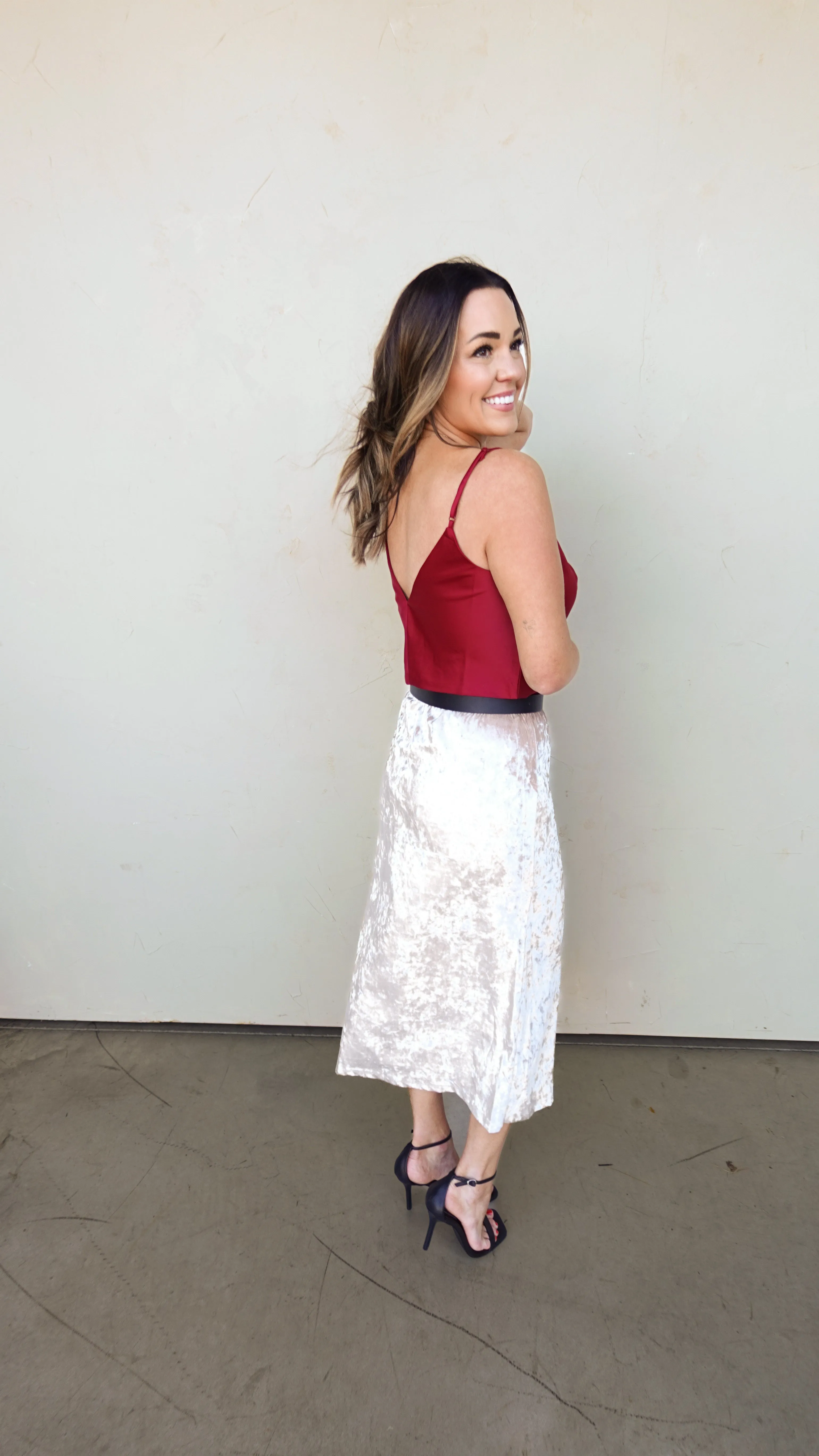 Champagne Crushed Velvet Midi Skirt