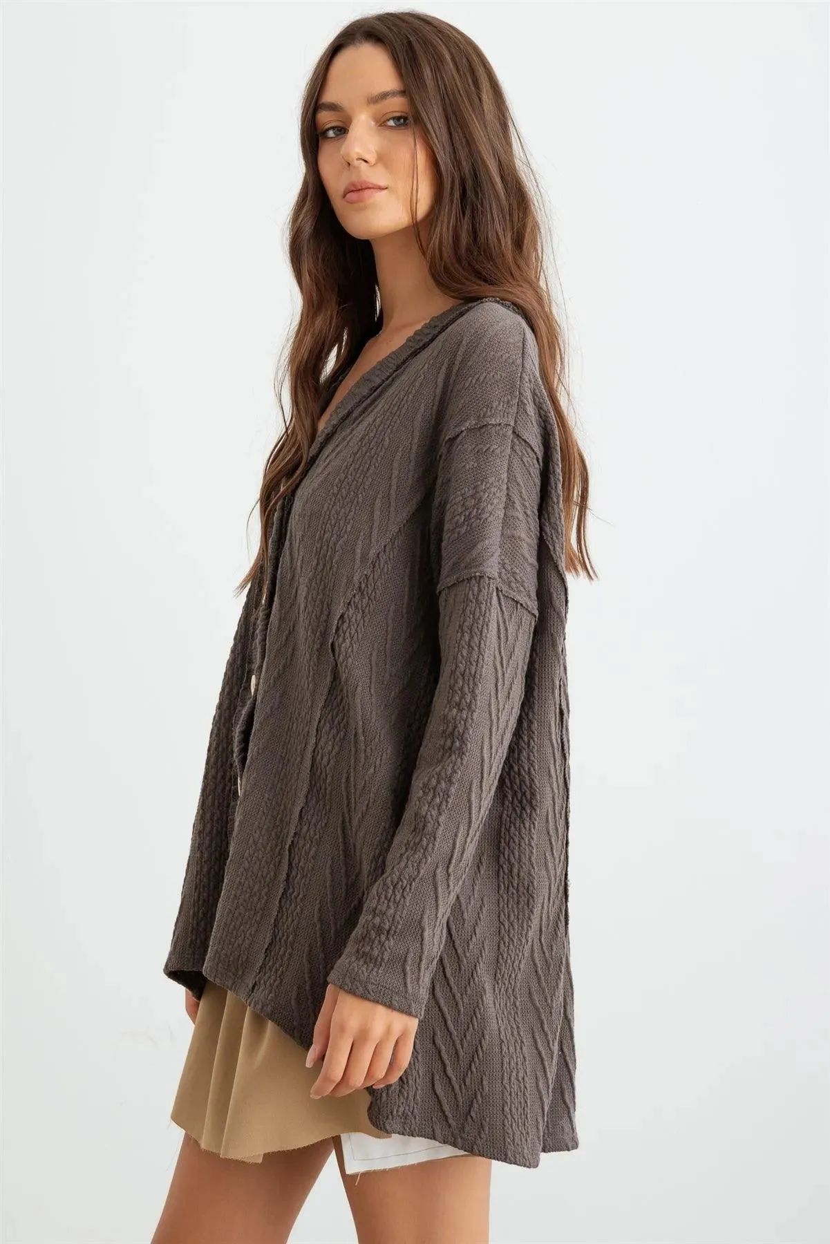 Charcoal Cable Knit Button-Up Long Sleeve Cardigan /1-1-1