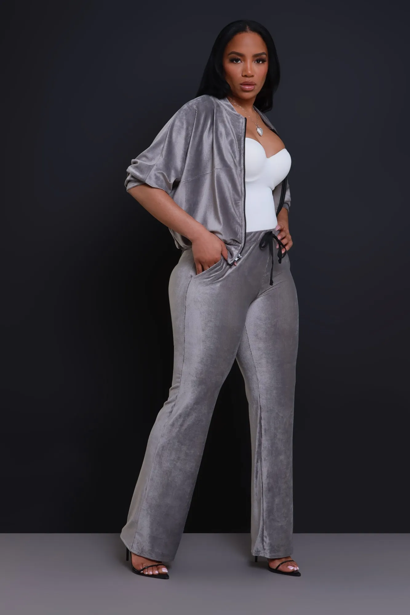 Cheat Day Corduroy Zip-Up Pants Set - Gray