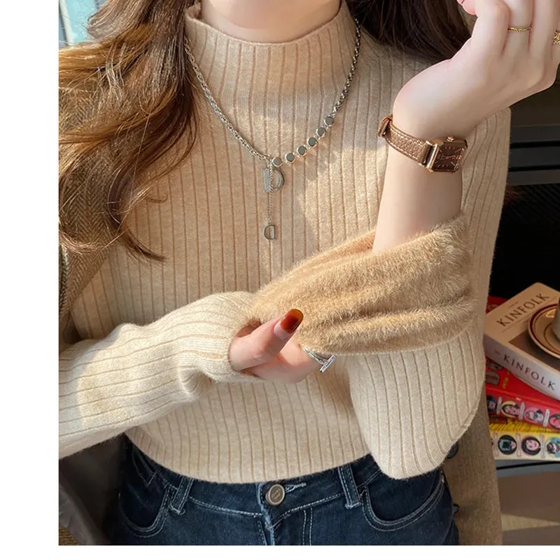 cold weather outfits Joskaa 2024 Fall and Winter  Women Velvet Thicken Warm Sweaters Semi Turtleneck Knit Thermal Pullovers Solid Ribbed Sweater Women