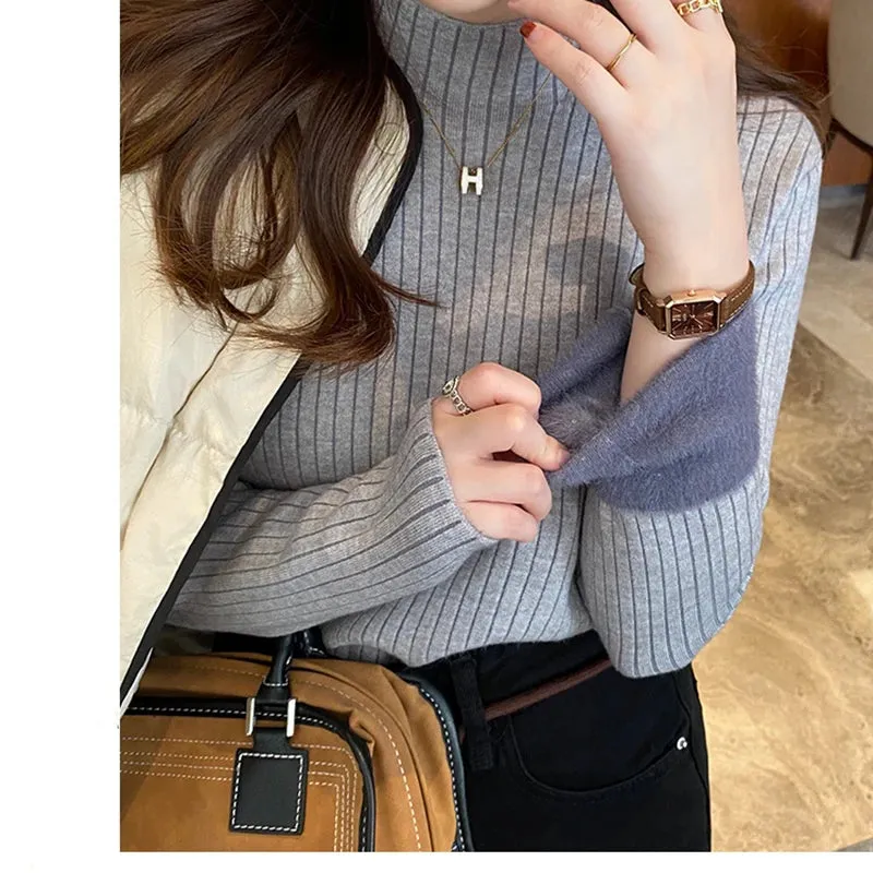 cold weather outfits Joskaa 2024 Fall and Winter  Women Velvet Thicken Warm Sweaters Semi Turtleneck Knit Thermal Pullovers Solid Ribbed Sweater Women