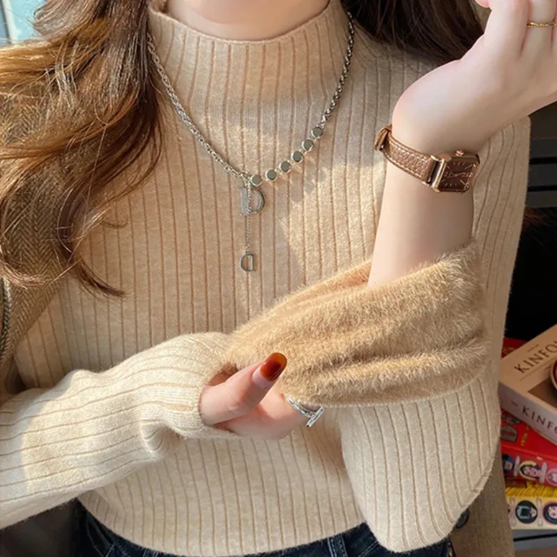 cold weather outfits Joskaa 2024 Fall and Winter  Women Velvet Thicken Warm Sweaters Semi Turtleneck Knit Thermal Pullovers Solid Ribbed Sweater Women