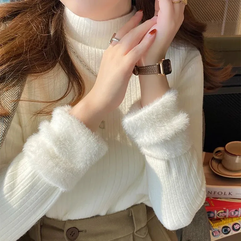 cold weather outfits Joskaa 2024 Fall and Winter  Women Velvet Thicken Warm Sweaters Semi Turtleneck Knit Thermal Pullovers Solid Ribbed Sweater Women