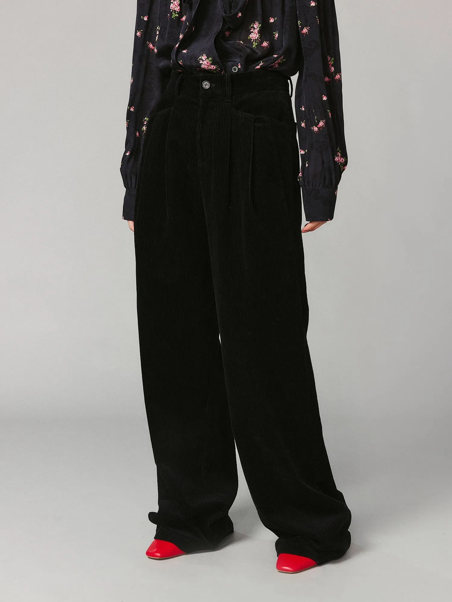 Corduroy double-pleated wide-leg pants