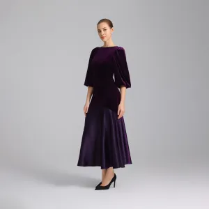 Dark Purple Velvet-Satin Balloon Sleeve Midi Dress