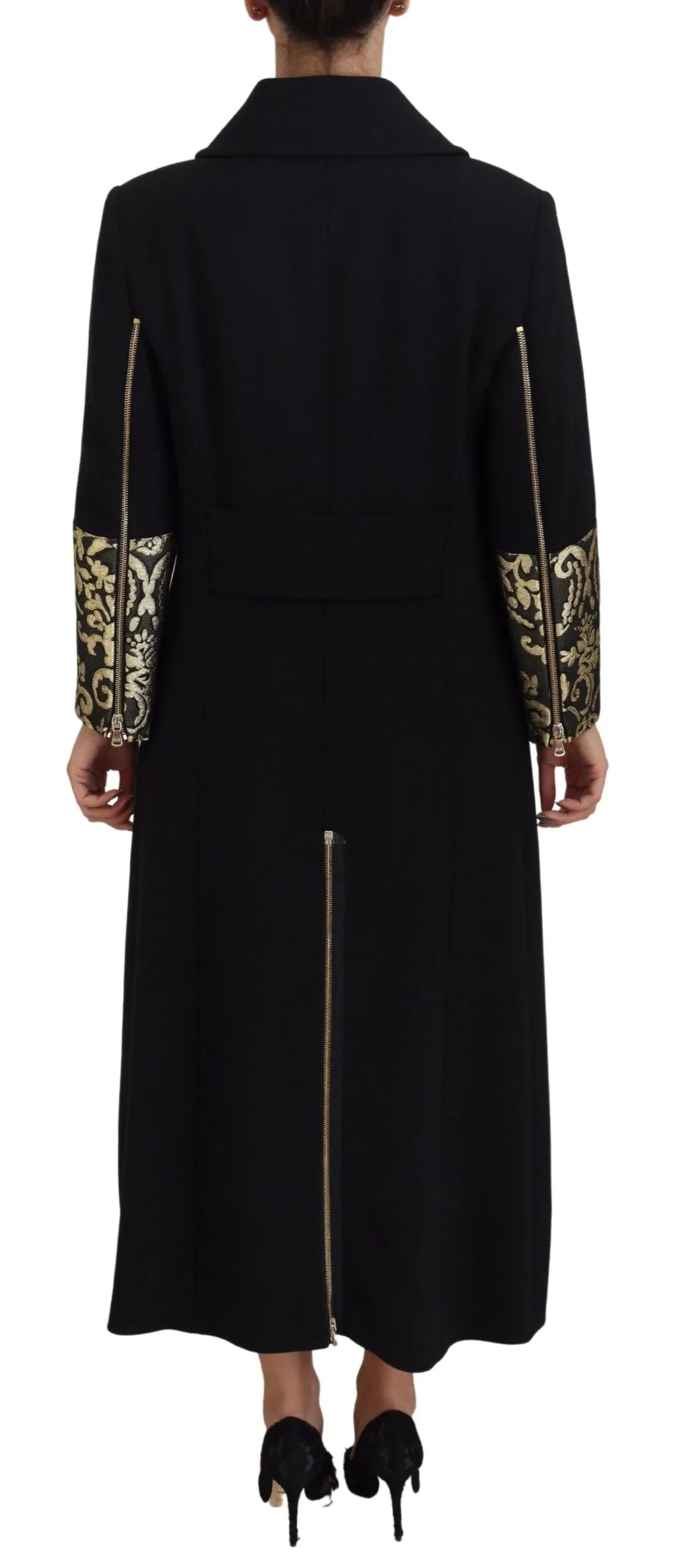 Elegant Gold Black Jacquard Trench Coat