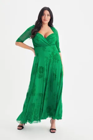 Elizabeth Green Velvet Flocked Mesh Maxi Gown