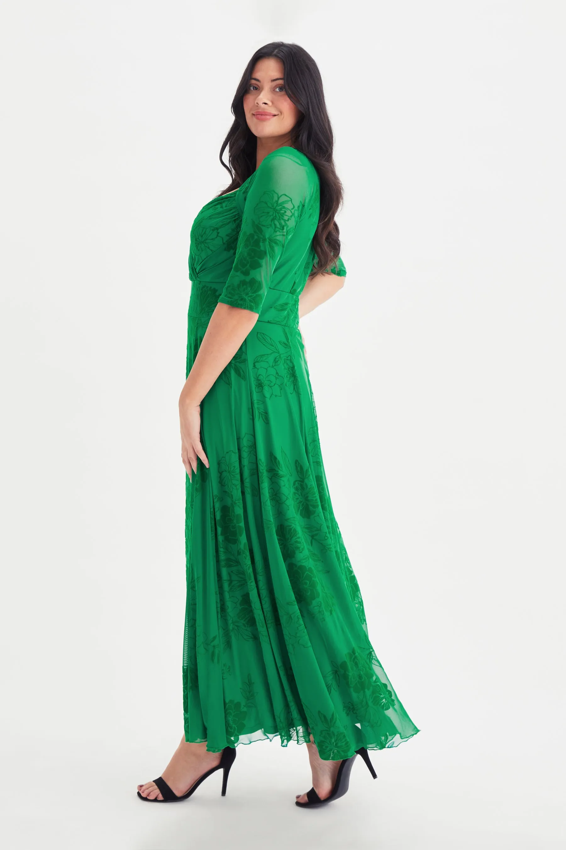 Elizabeth Green Velvet Flocked Mesh Maxi Gown