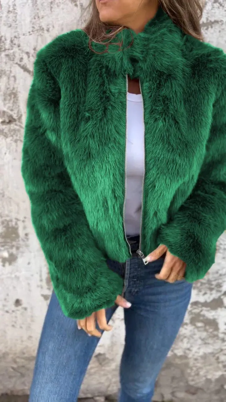 elveswallet Faux Fur Turtleneck Zip-Up Blazer