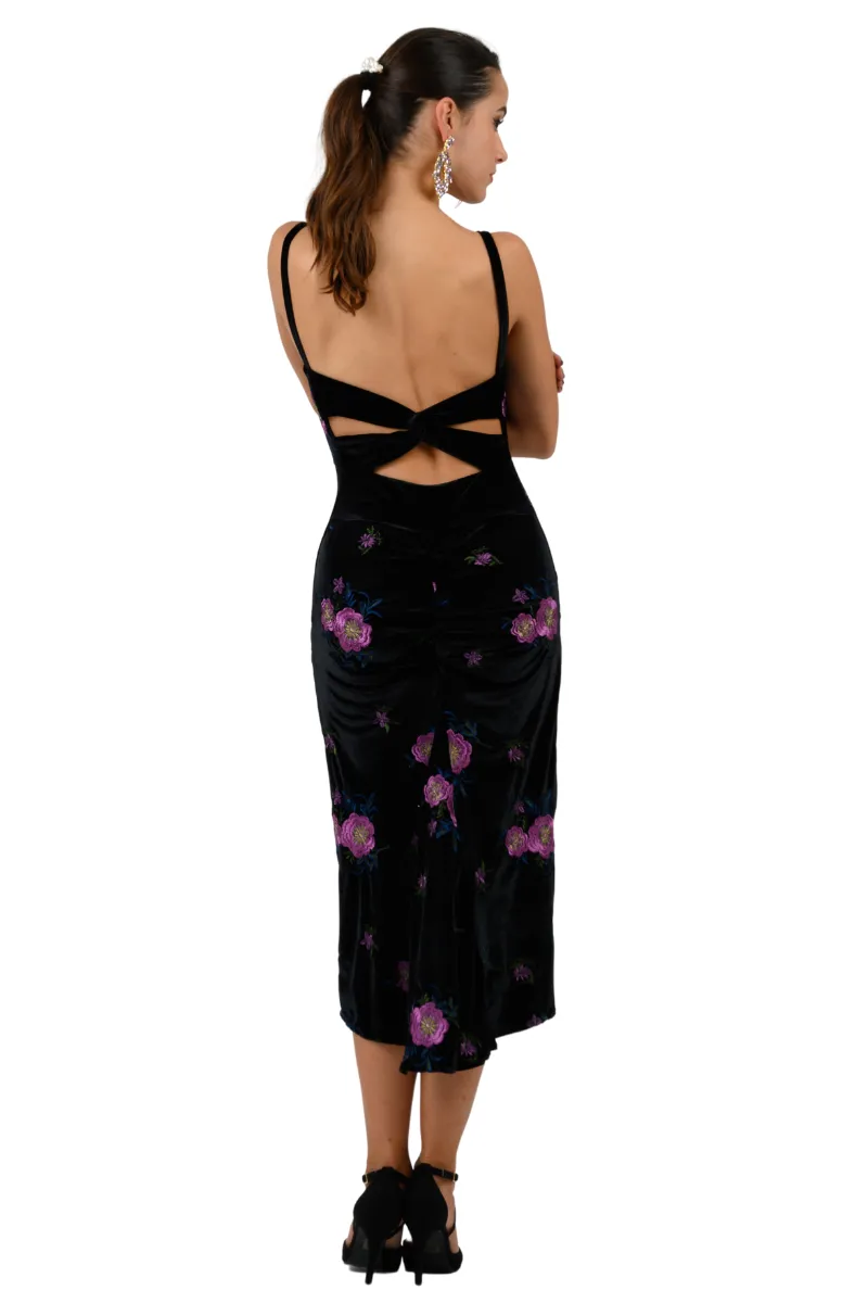 Embroidered Velvet Low Back Midi Fishtail Dress