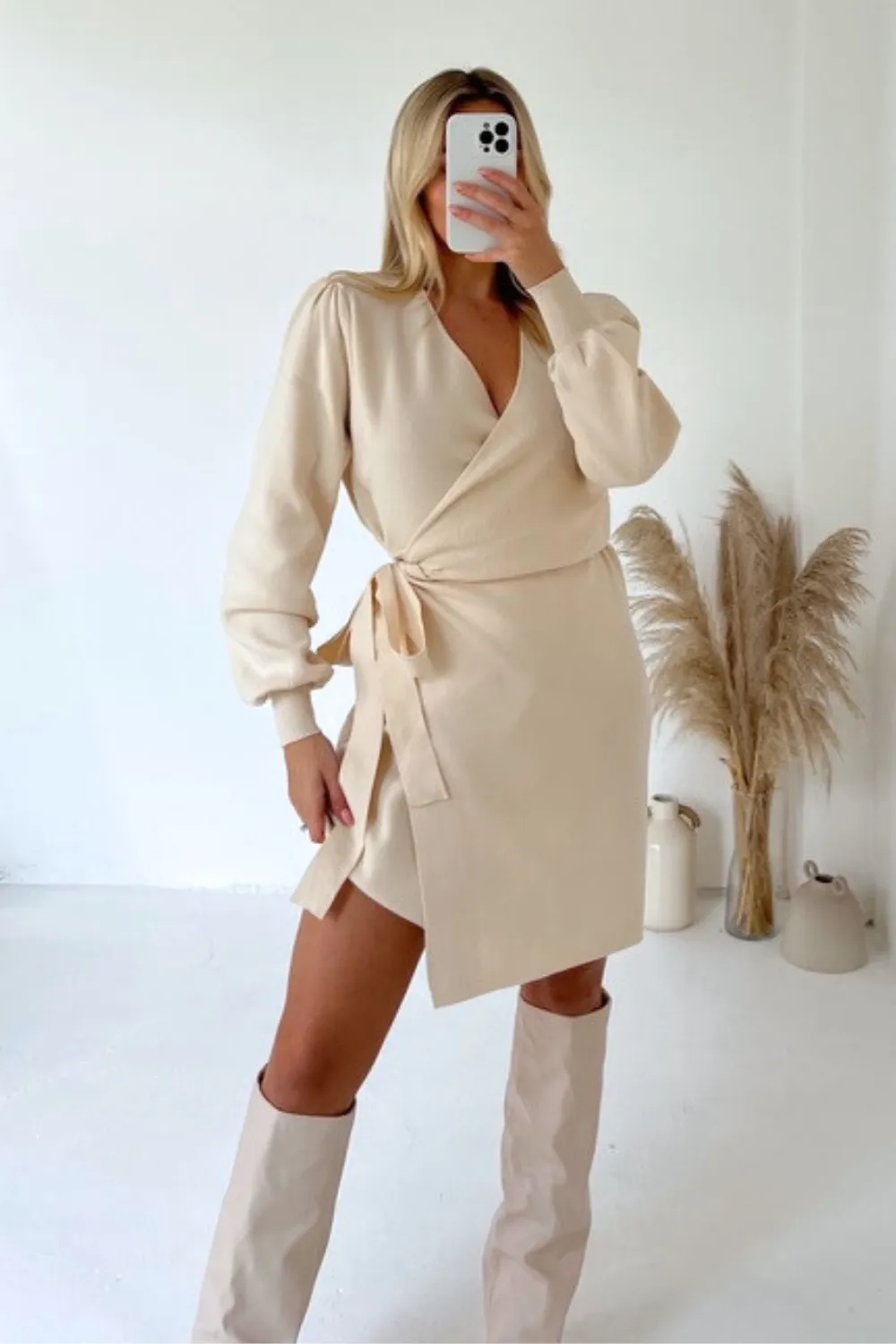 Eva cream knitted wrap dress