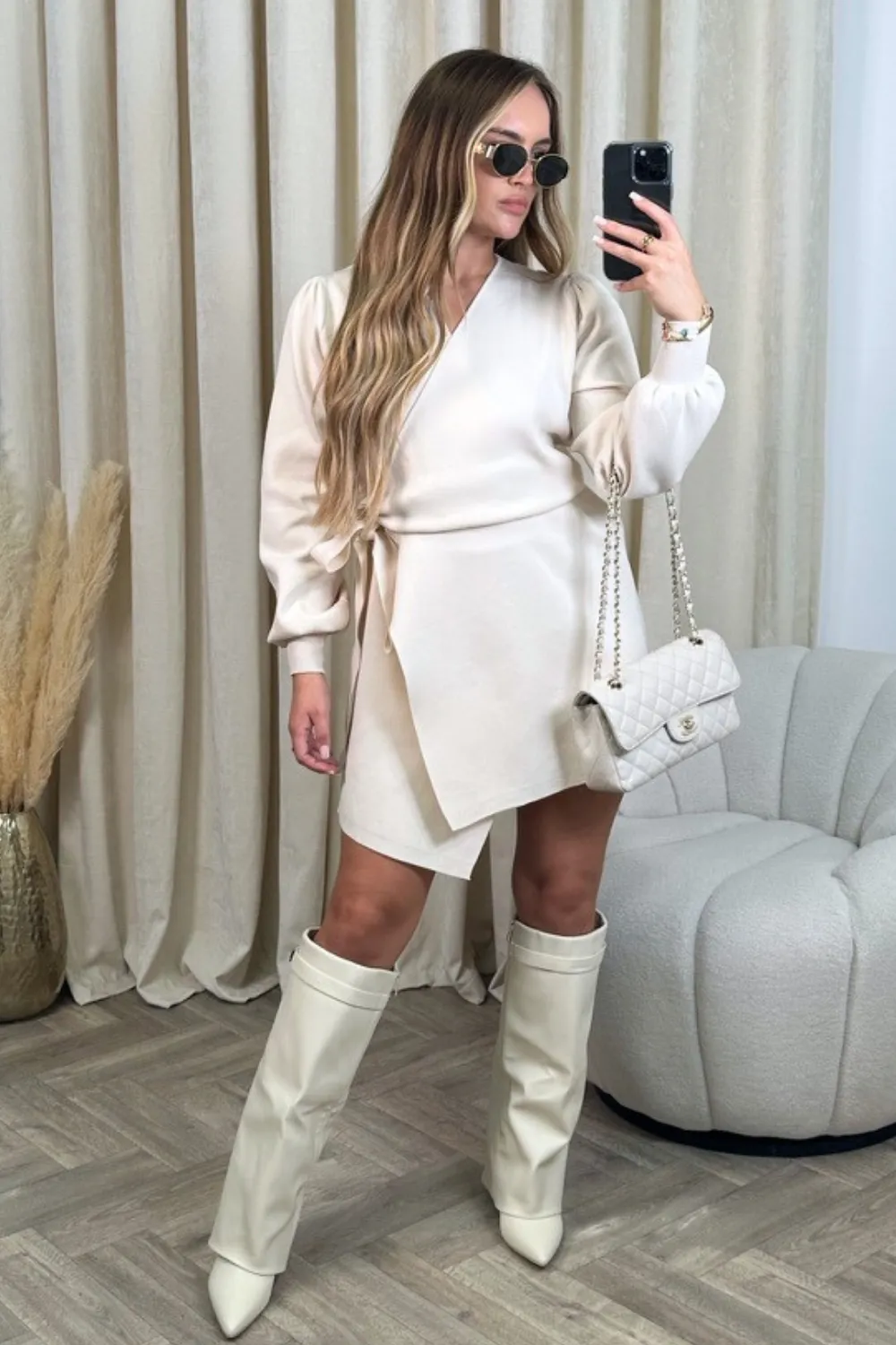 Eva cream knitted wrap dress