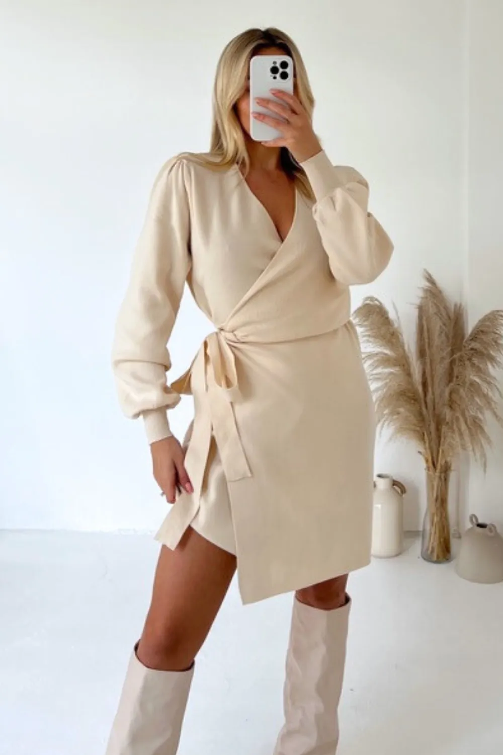 Eva cream knitted wrap dress