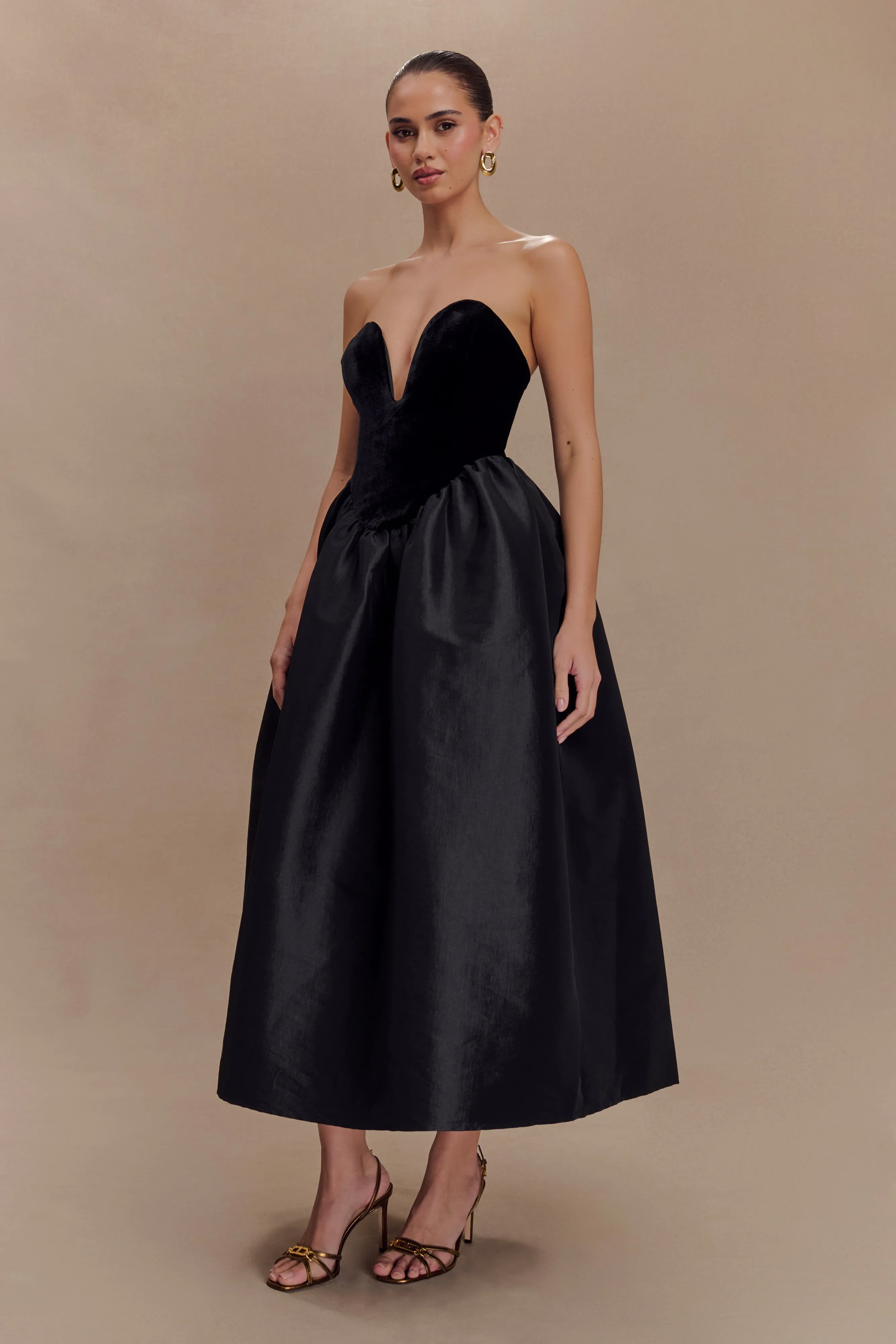 Flora Strapless Velvet Midi Dress - Black