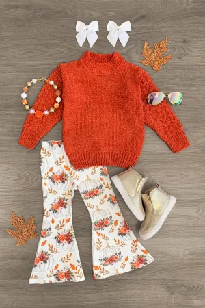 Floral Pumpkin Sweater Bell Bottom Set