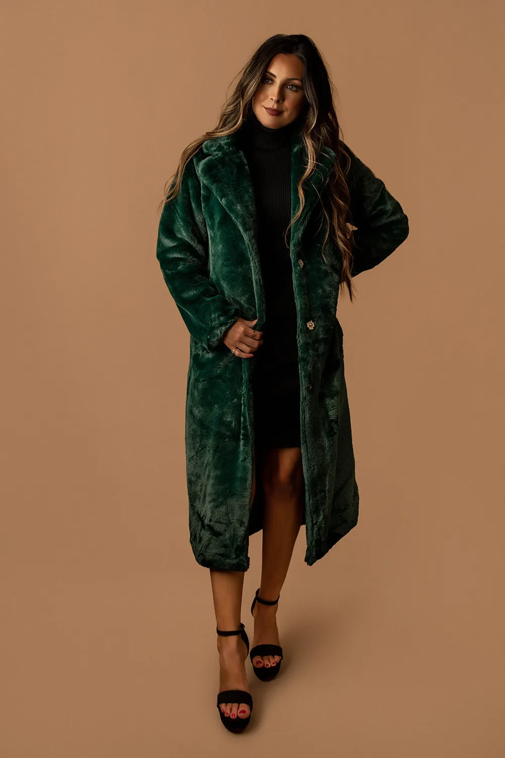 For Keeps Full Length Faux Fur Jacket (Hunter Green)